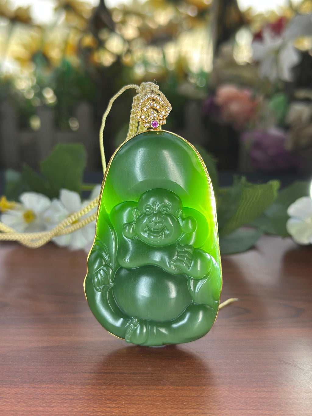 和田玉珍品18K金镶碧玉粉绿弥勒佛挂件（yc711204）