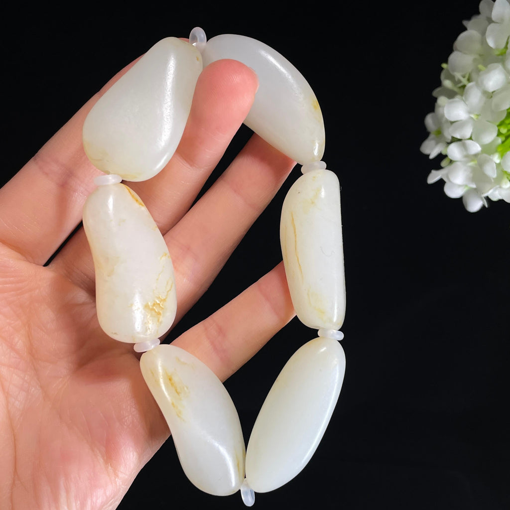 和田玉白玉洒金皮精品原籽手串（6颗）（yc421821）
