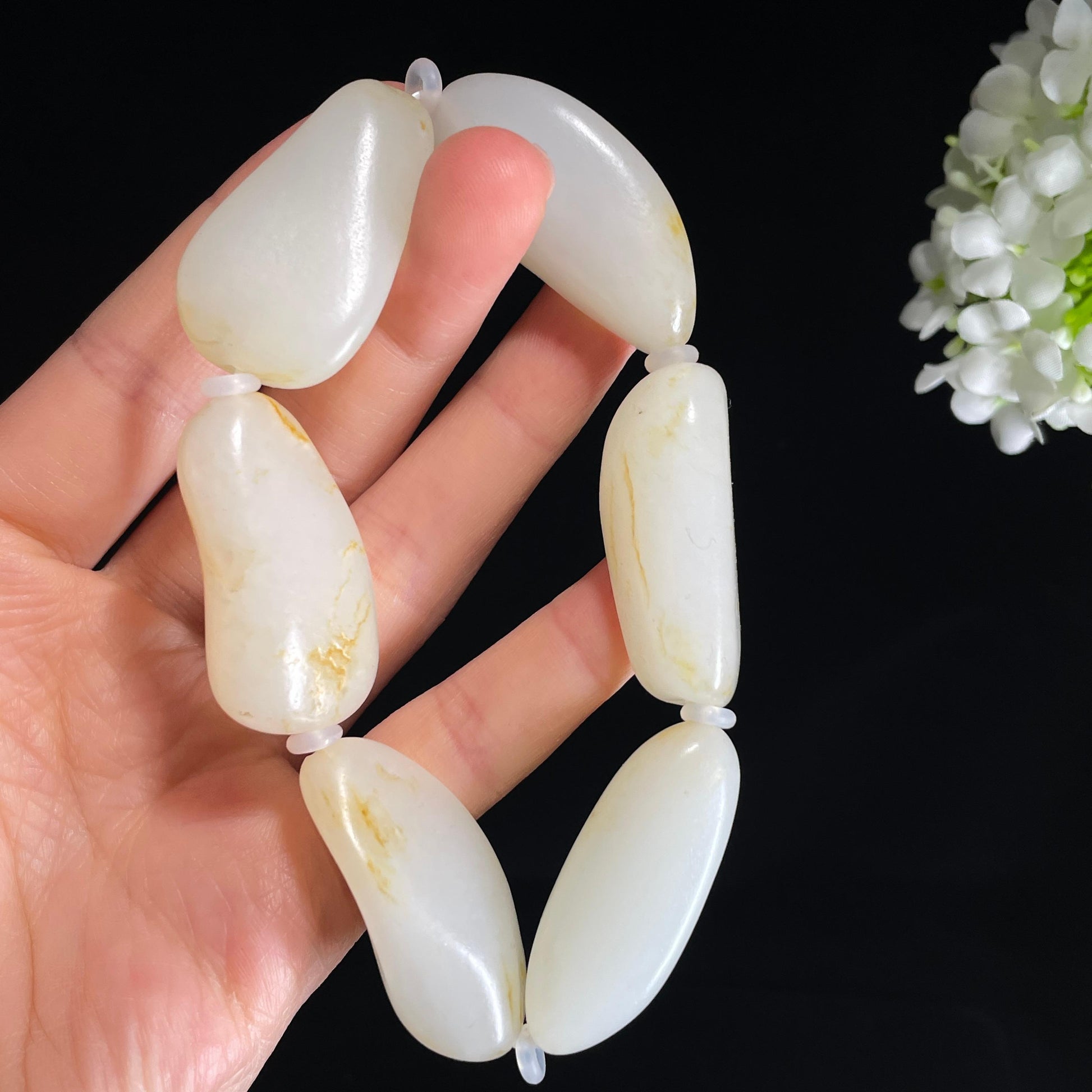 和田玉白玉洒金皮精品原籽手串（6颗）（yc421821）