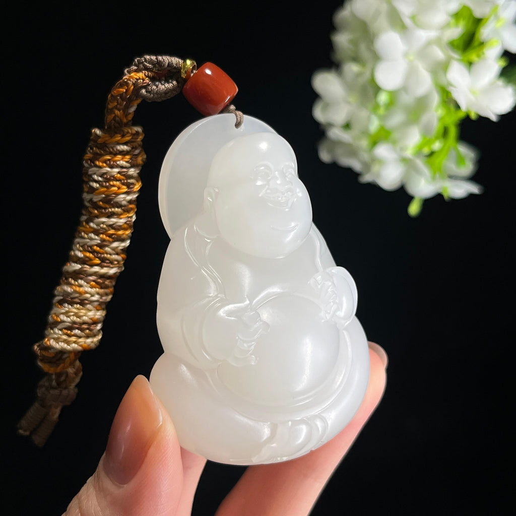 和田玉羊脂白玉“欢喜无量”弥勒佛挂件（yc349503）
