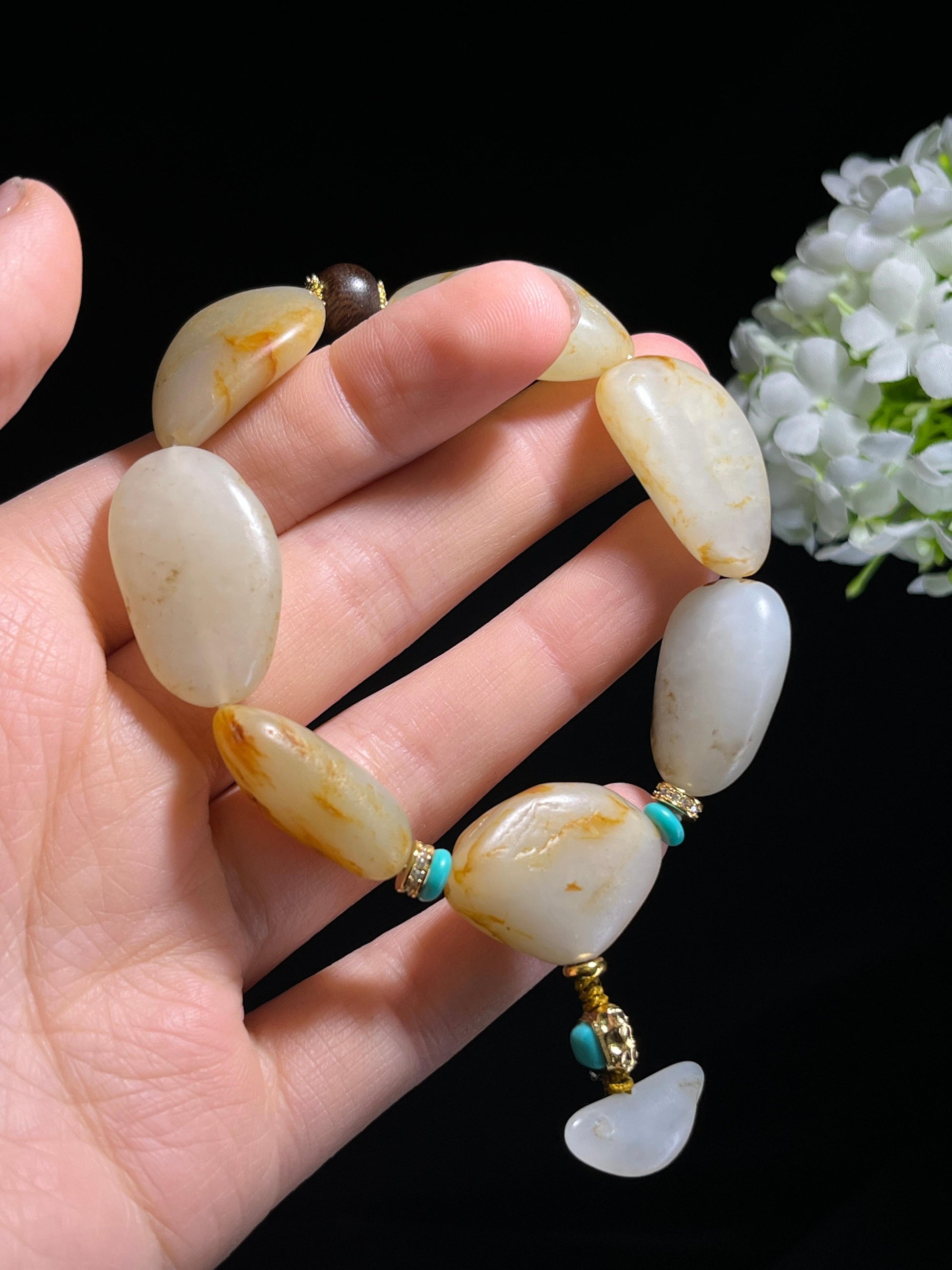 新疆天然和田玉籽料原石洒金皮手串3（yc262652）