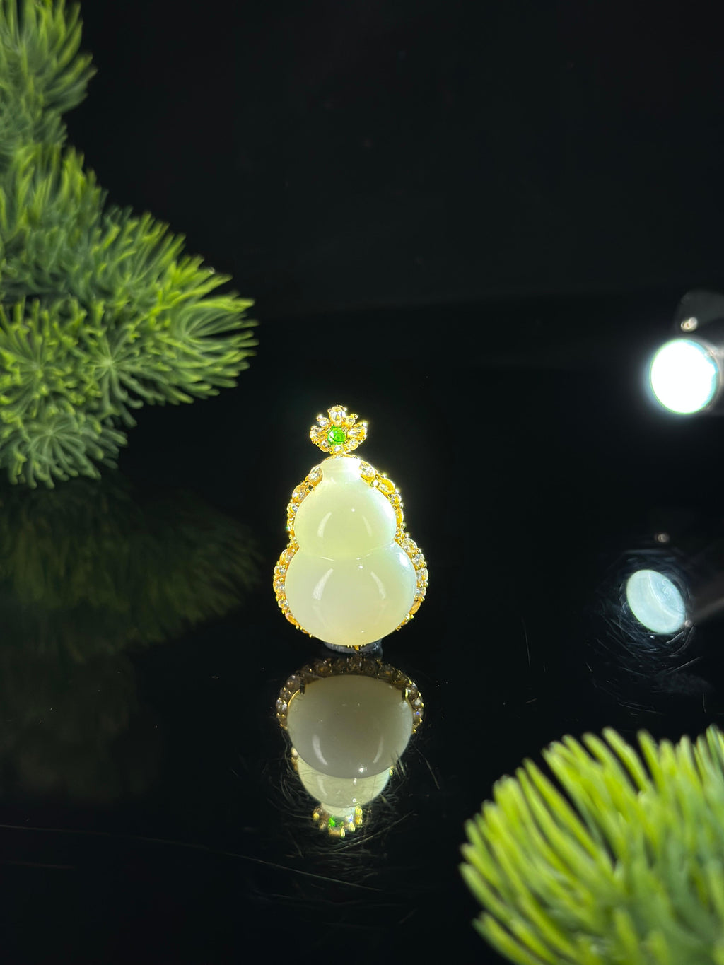 和田玉925银镀金白玉葫芦镶嵌吊坠（yc484423）