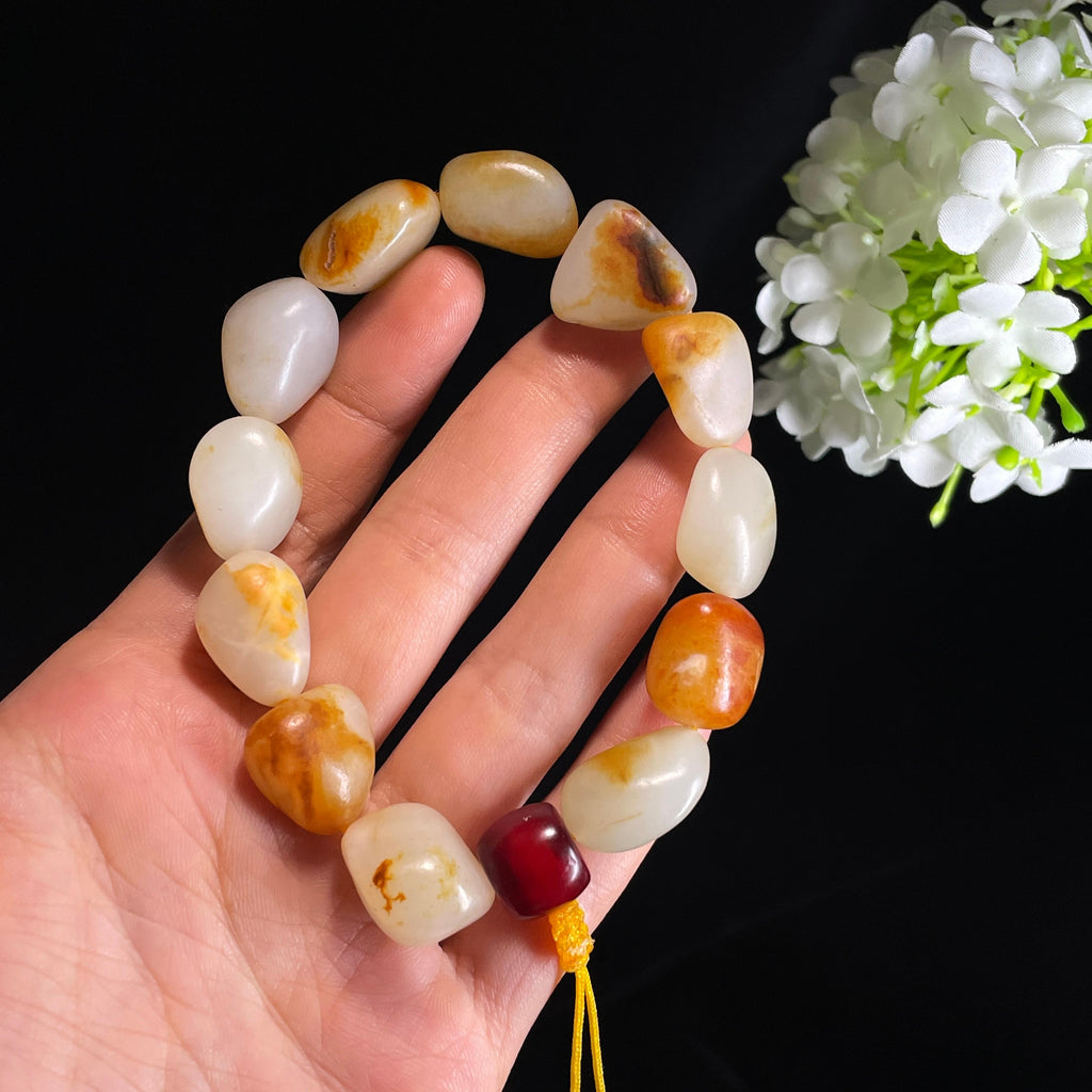 和田玉白玉洒金皮红皮红沁皮原籽手串（yc356639）