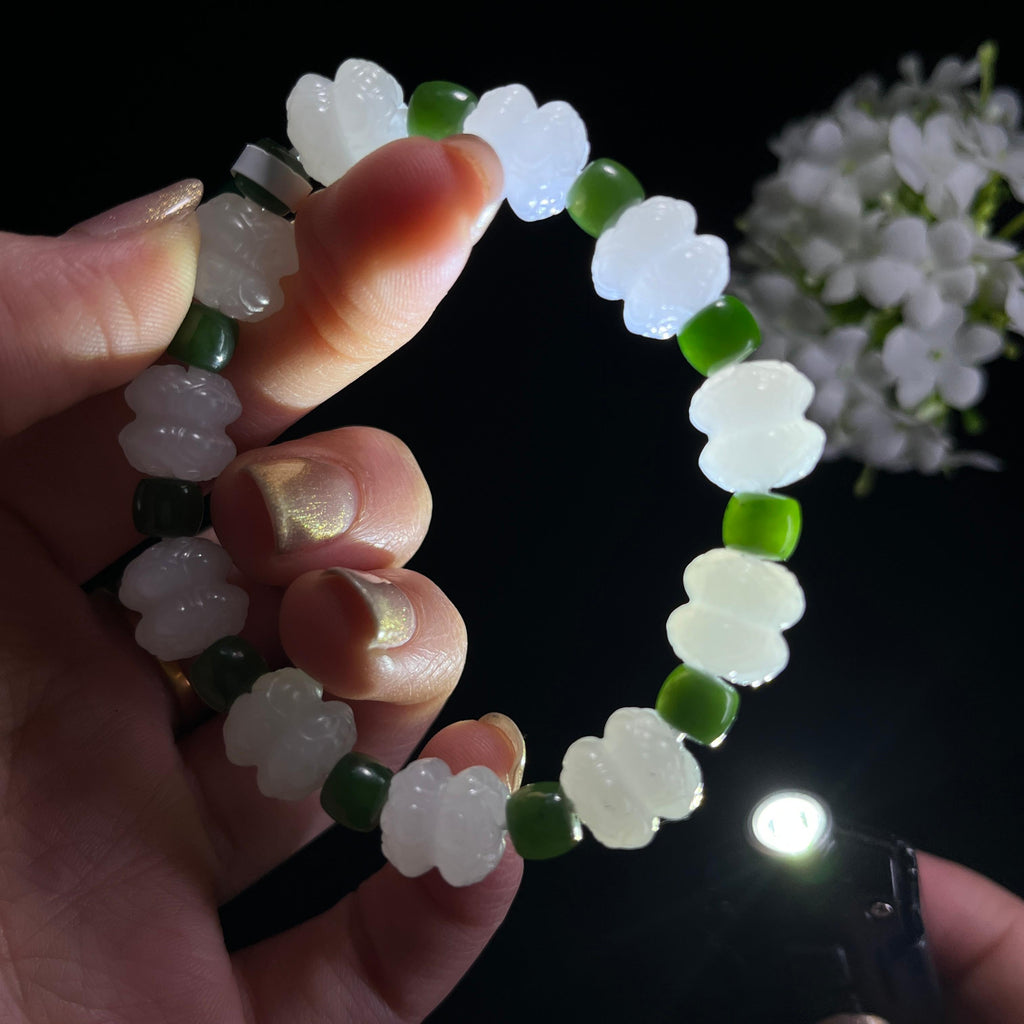 新疆天然和田玉“莲华缀碧”白玉莲花设计款手串（yc302234）