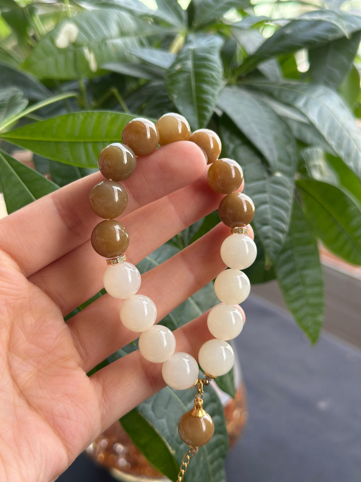 和田玉S925银镶藕粉糖玉双色Diy圆珠手串（yc727155）