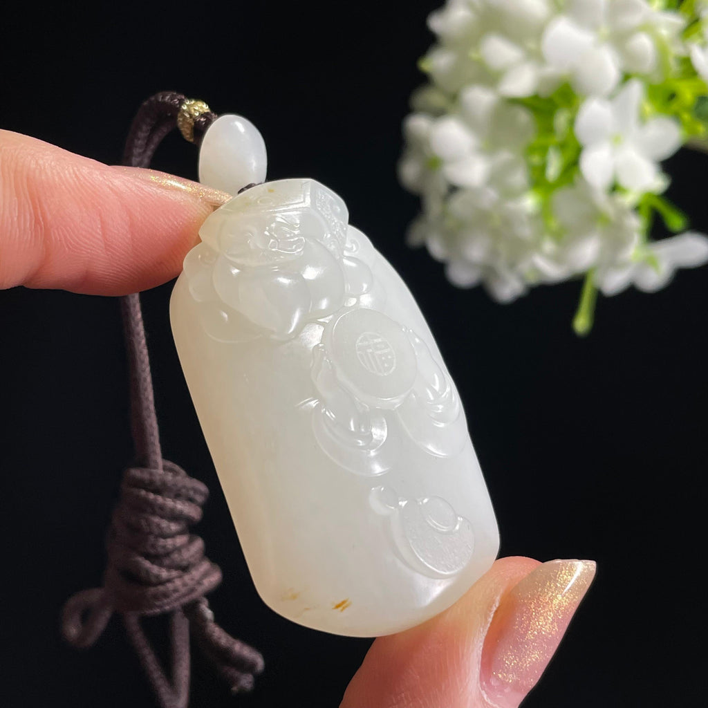 和田玉白玉“福禄寿喜”籽料招财进宝雕刻挂件（yc314023）