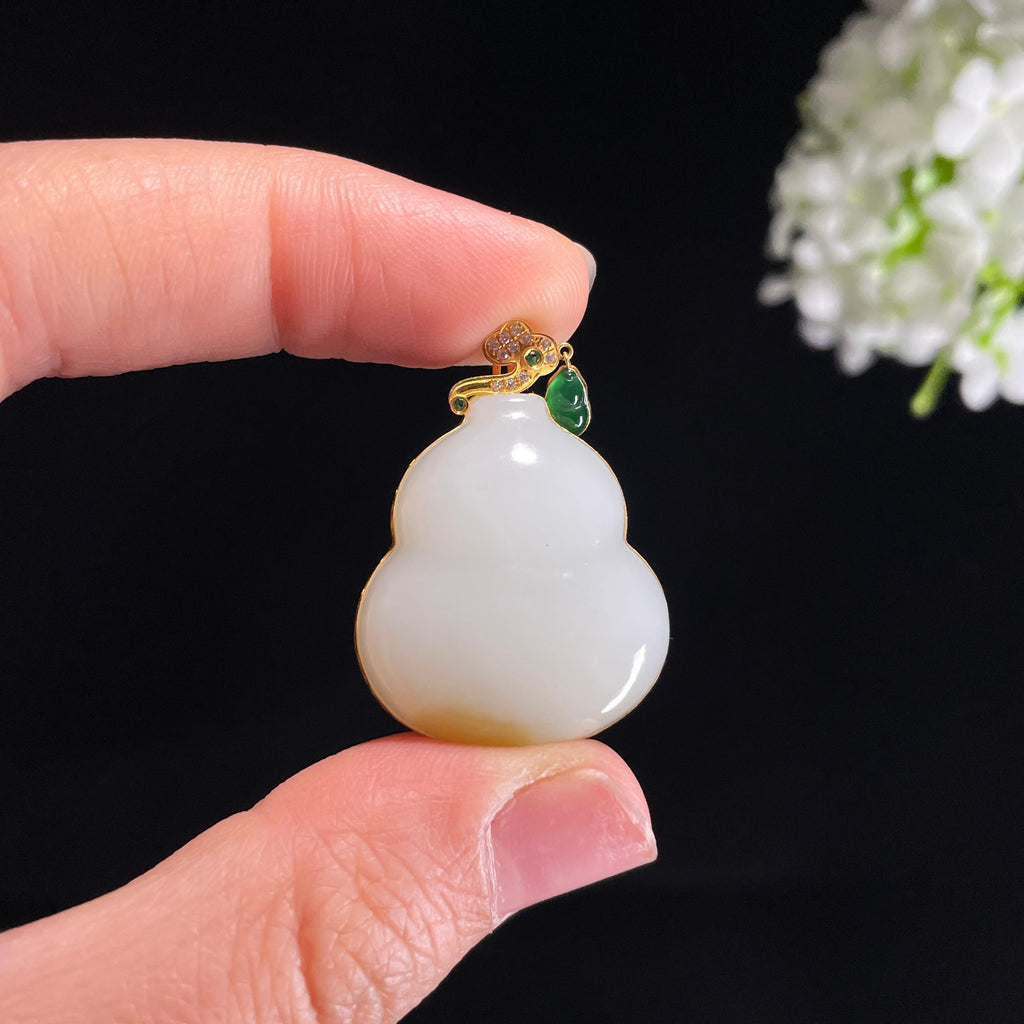 和田玉18K金镶糖白葫芦吊坠（yc428736）