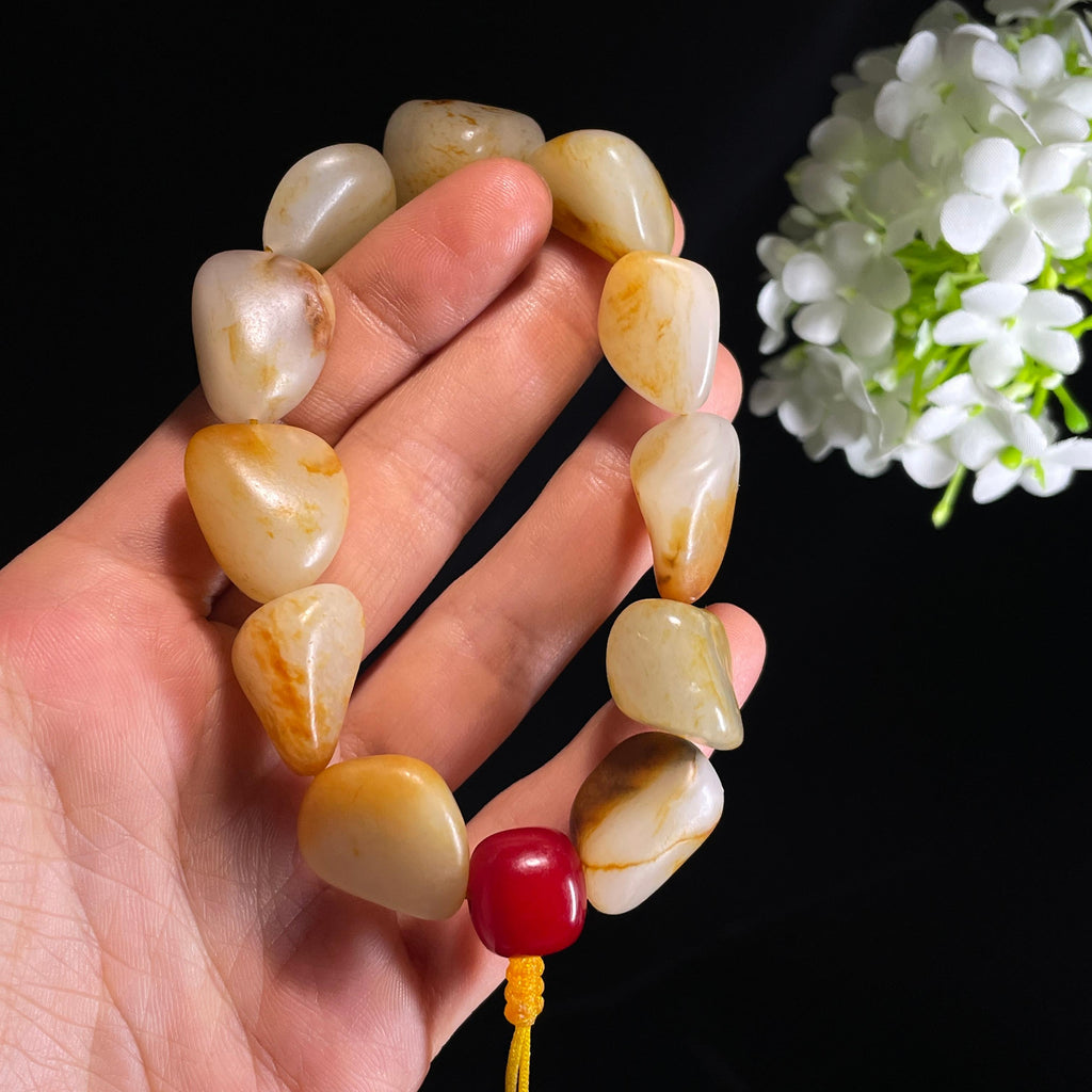 和田玉白玉洒金皮红皮原籽手串（yc356634）