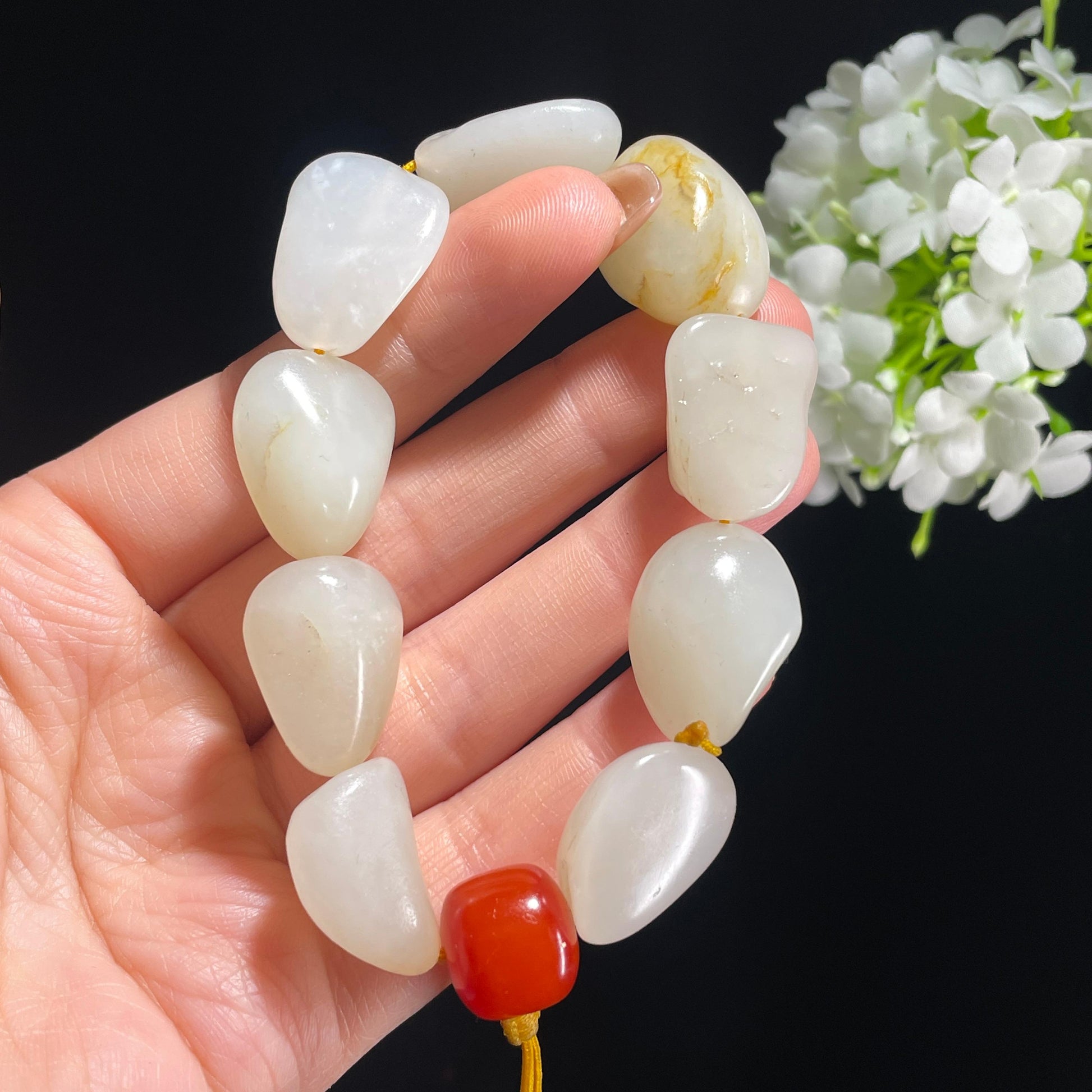 和田玉白玉淡洒金皮原籽手串（yc381896）