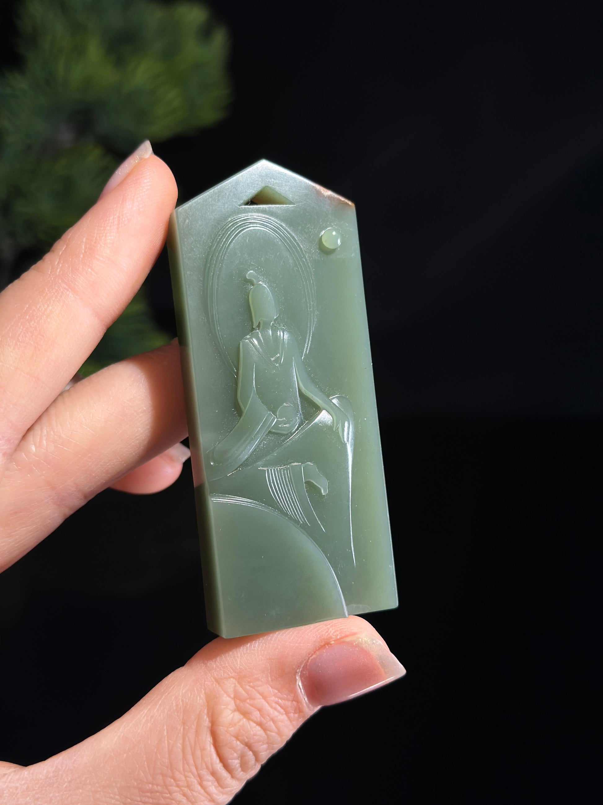 新疆和田玉沙枣青籽料悟道无相佛意境玉牌（yc463092）