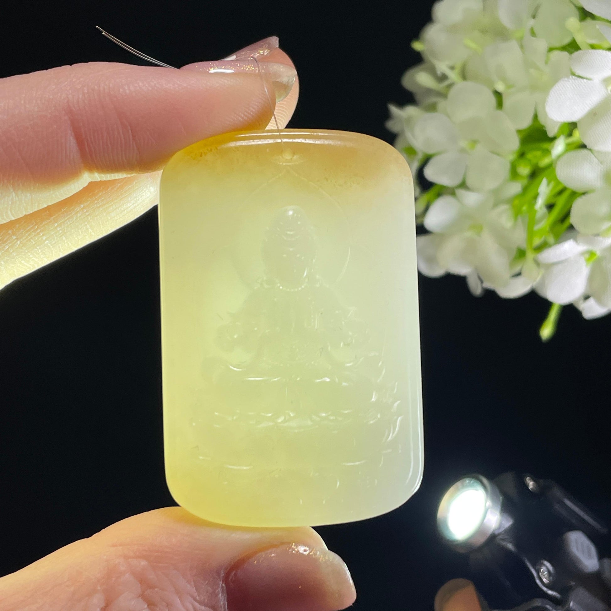 和田玉糖白玉“莲台观心”观音雕刻挂件（yc342020）