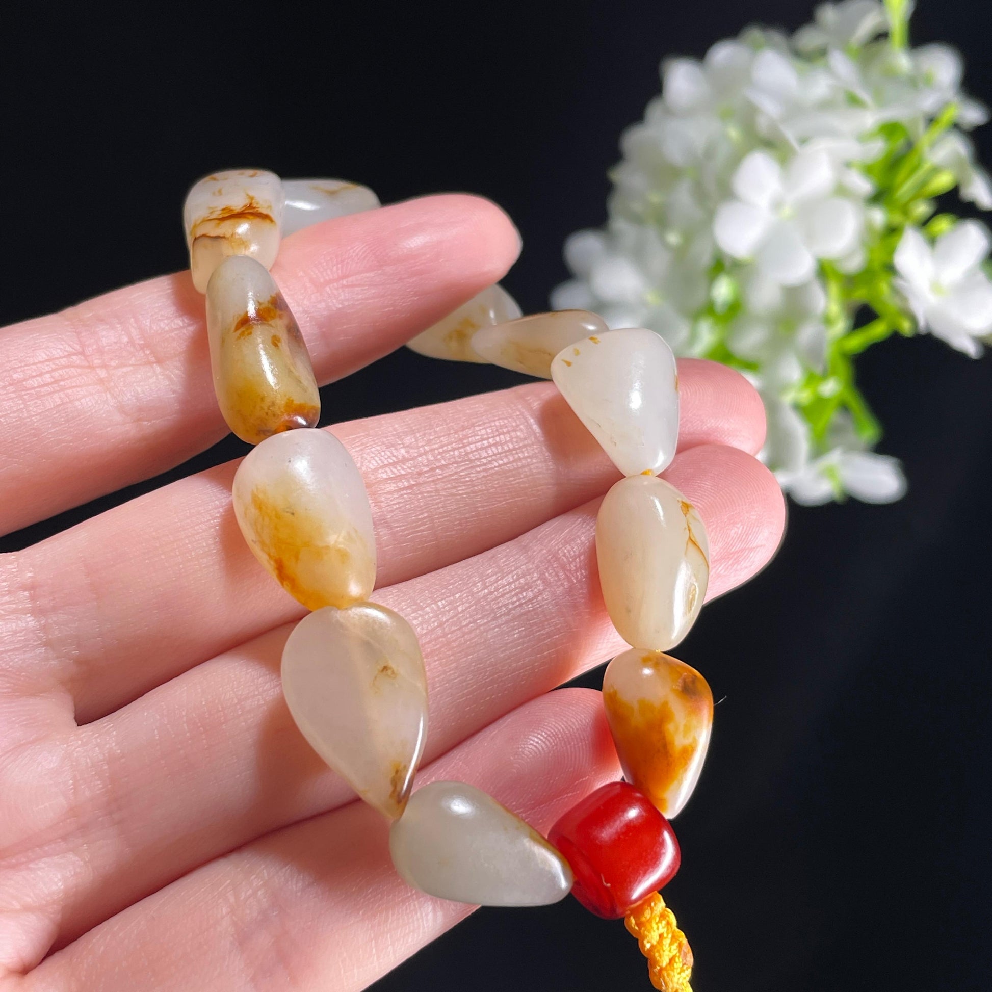 新疆天然和田玉白玉红皮原籽手串（11颗）（yc396001）