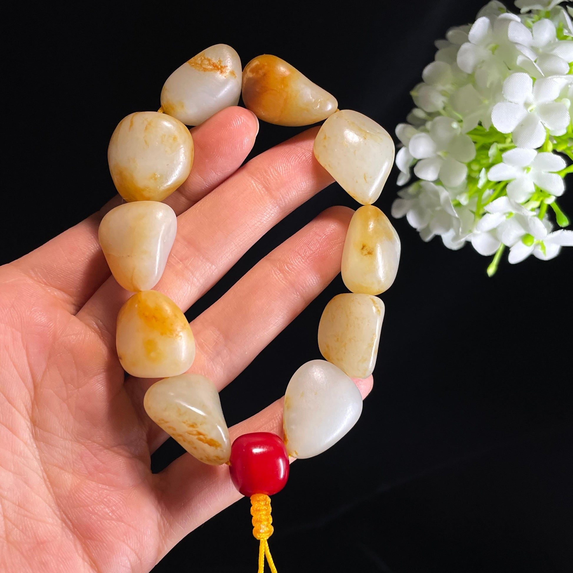 和田玉白玉洒金皮红皮原籽手串（yc356648）