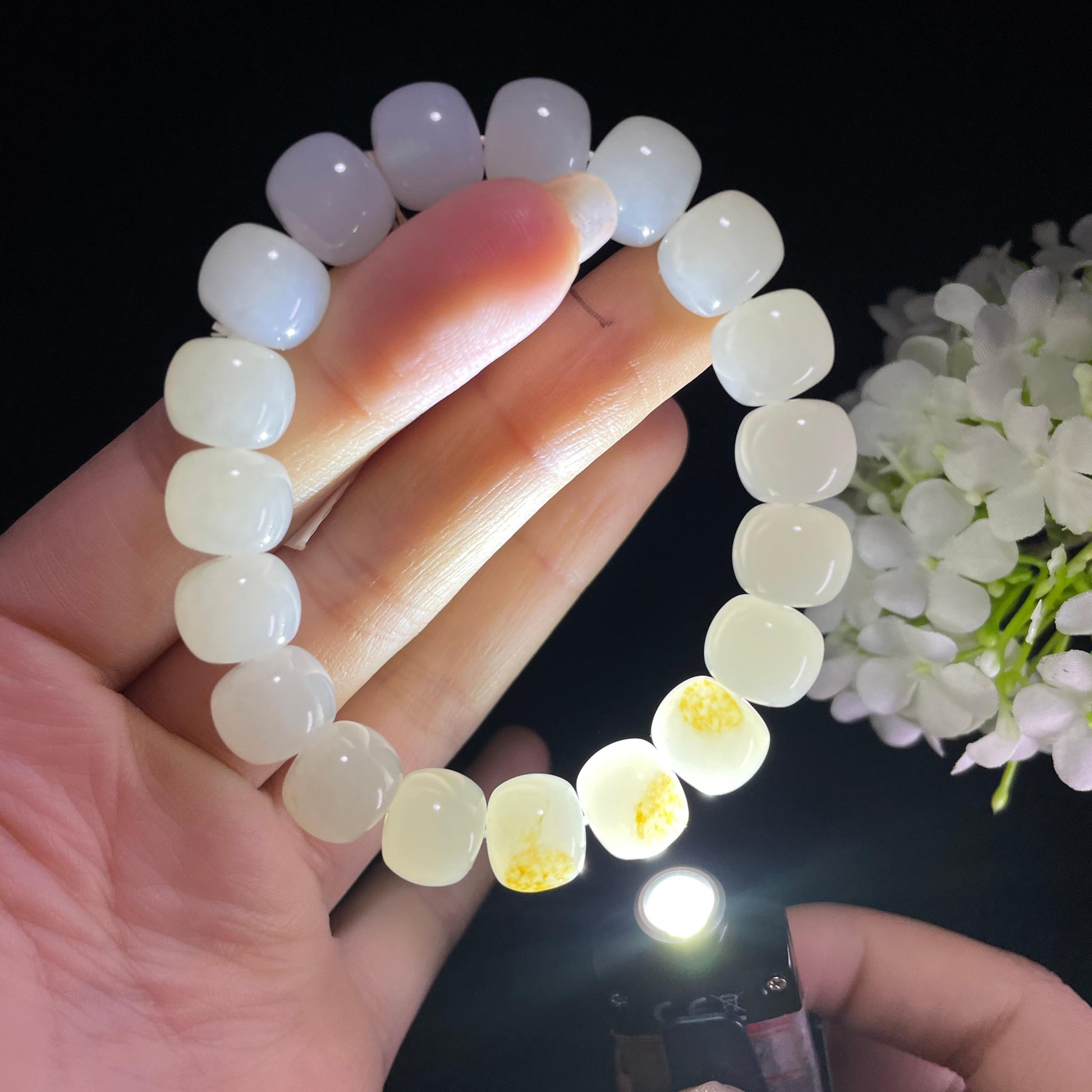 和田玉白玉洒金皮籽料算盘珠手串（19颗）（yc393158）