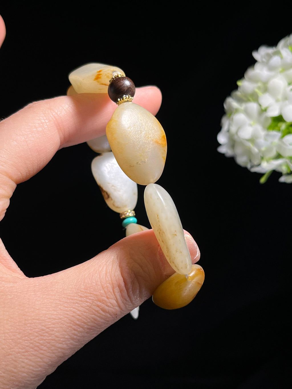 新疆天然和田玉籽料原石洒金皮手串3（yc262652）