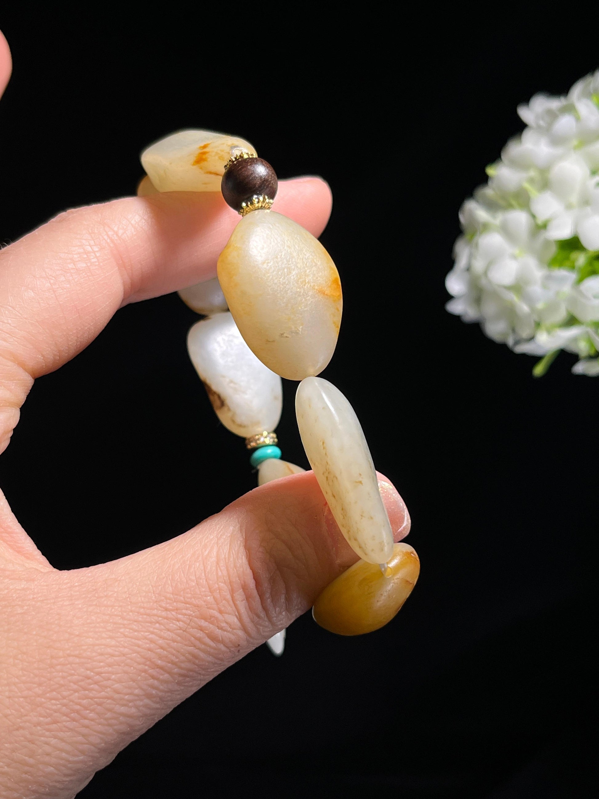 新疆天然和田玉籽料原石洒金皮手串3（yc262652）