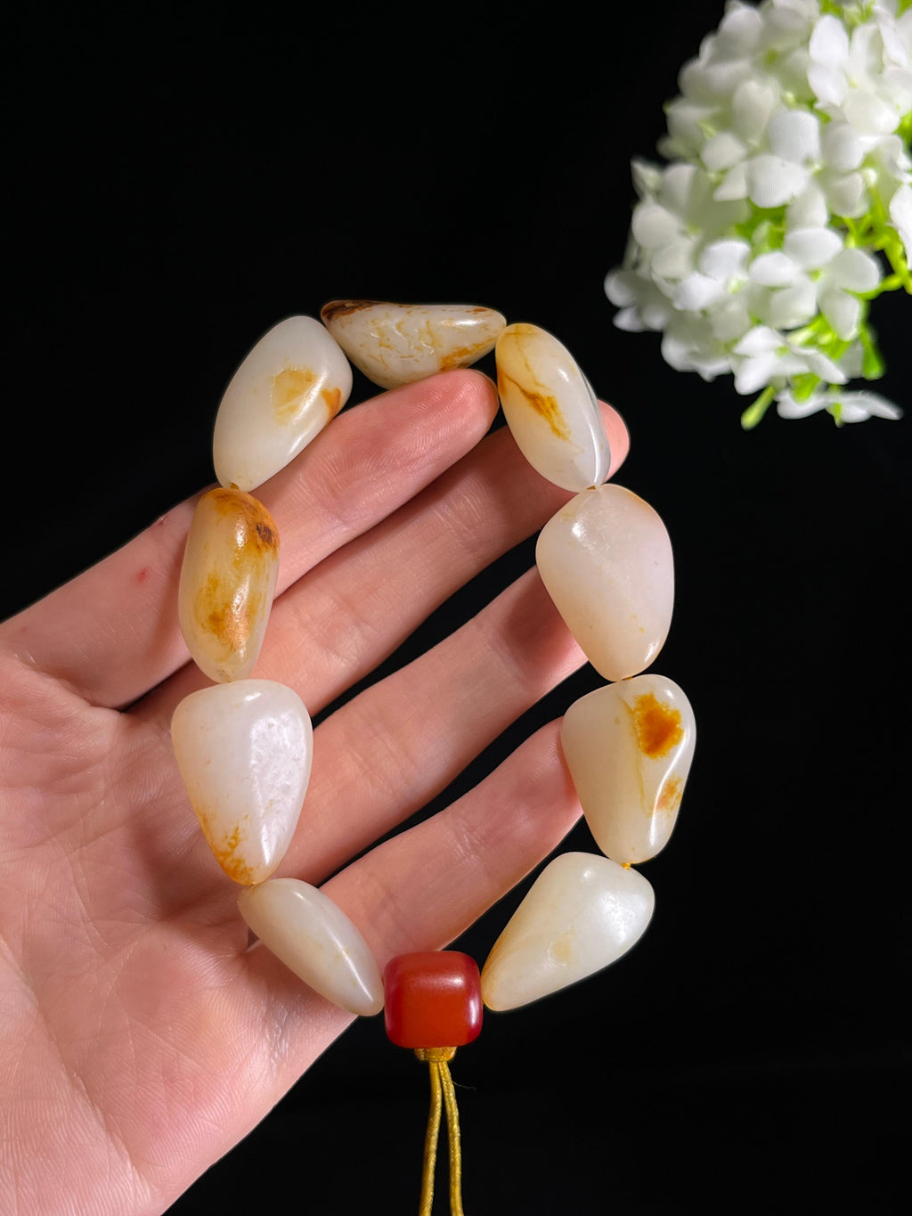 新疆天然和田玉白玉籽料原石洒金皮手串（yc269055）