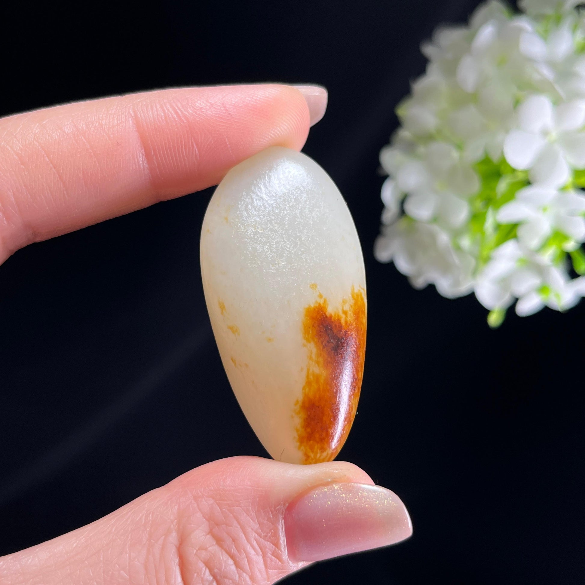 和田玉白玉“枫桥渔火”洒金皮聚红皮籽料（yc356725）