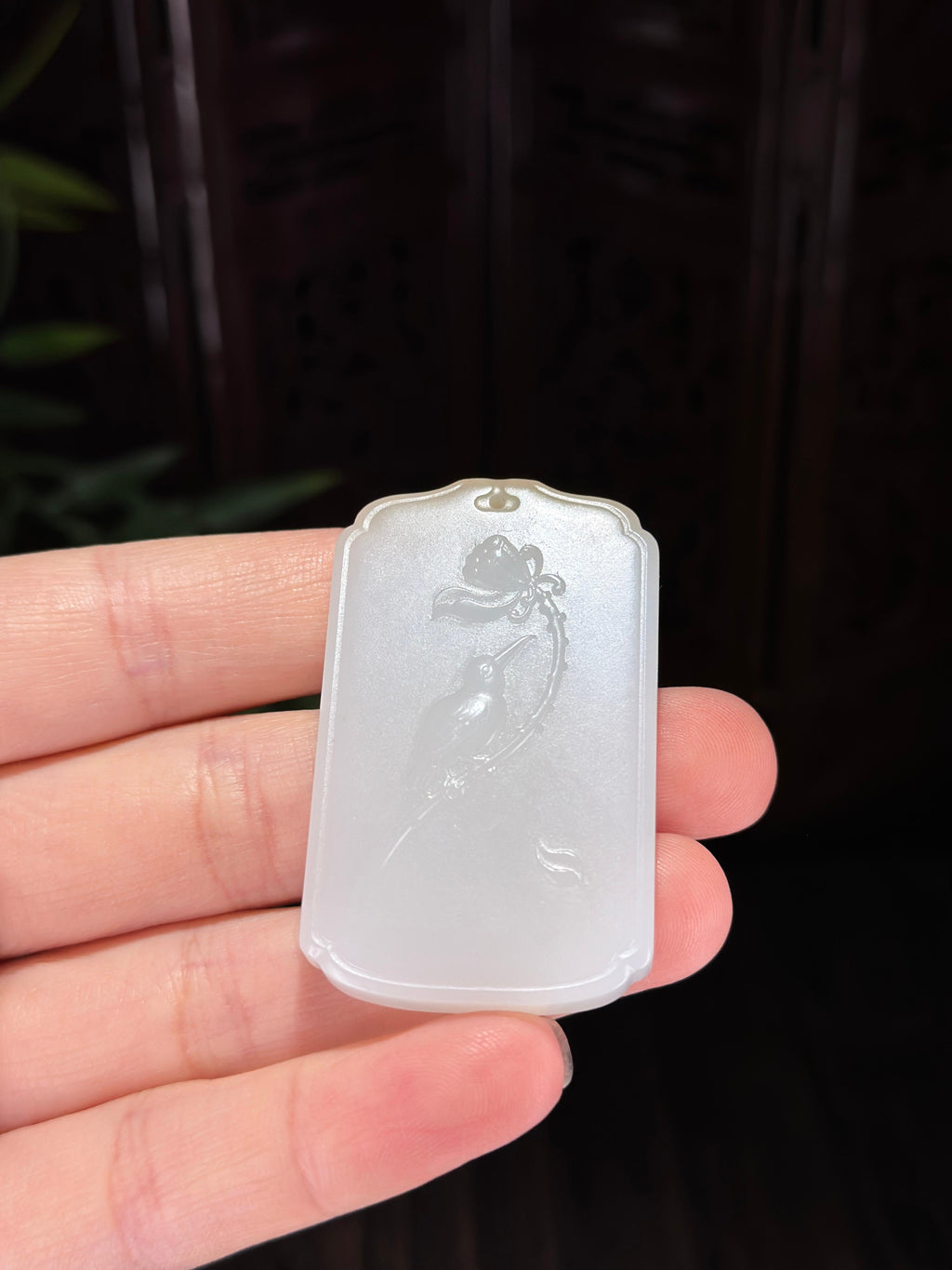 和田玉糖白荷塘清趣花鸟牌（yc702540）
