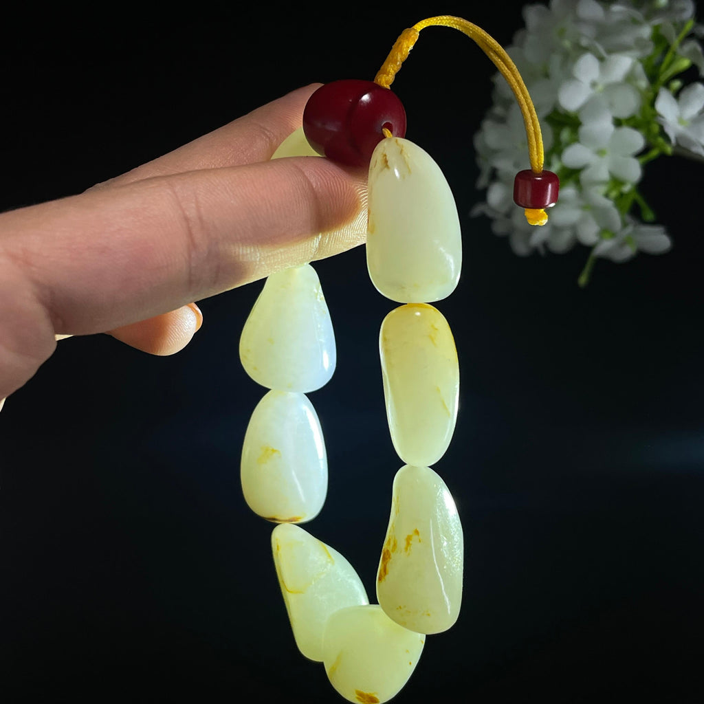 新疆天然和田玉白玉洒金皮籽料手串（yc401377）