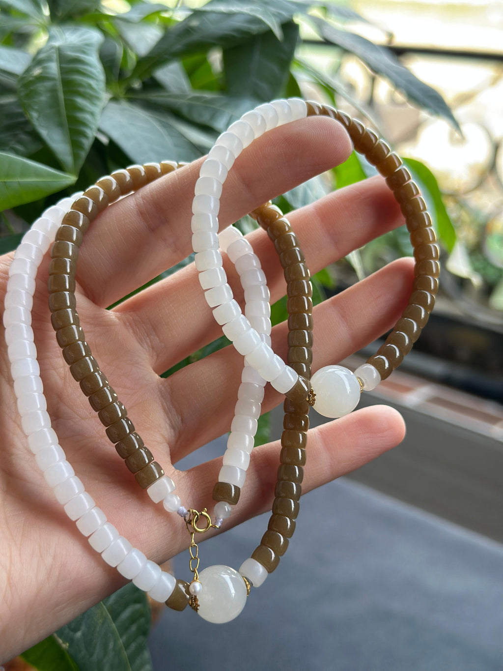 和田玉18K金镶白玉糖玉直切项链+柔光手串套装（可拆分卖）（yc727749）