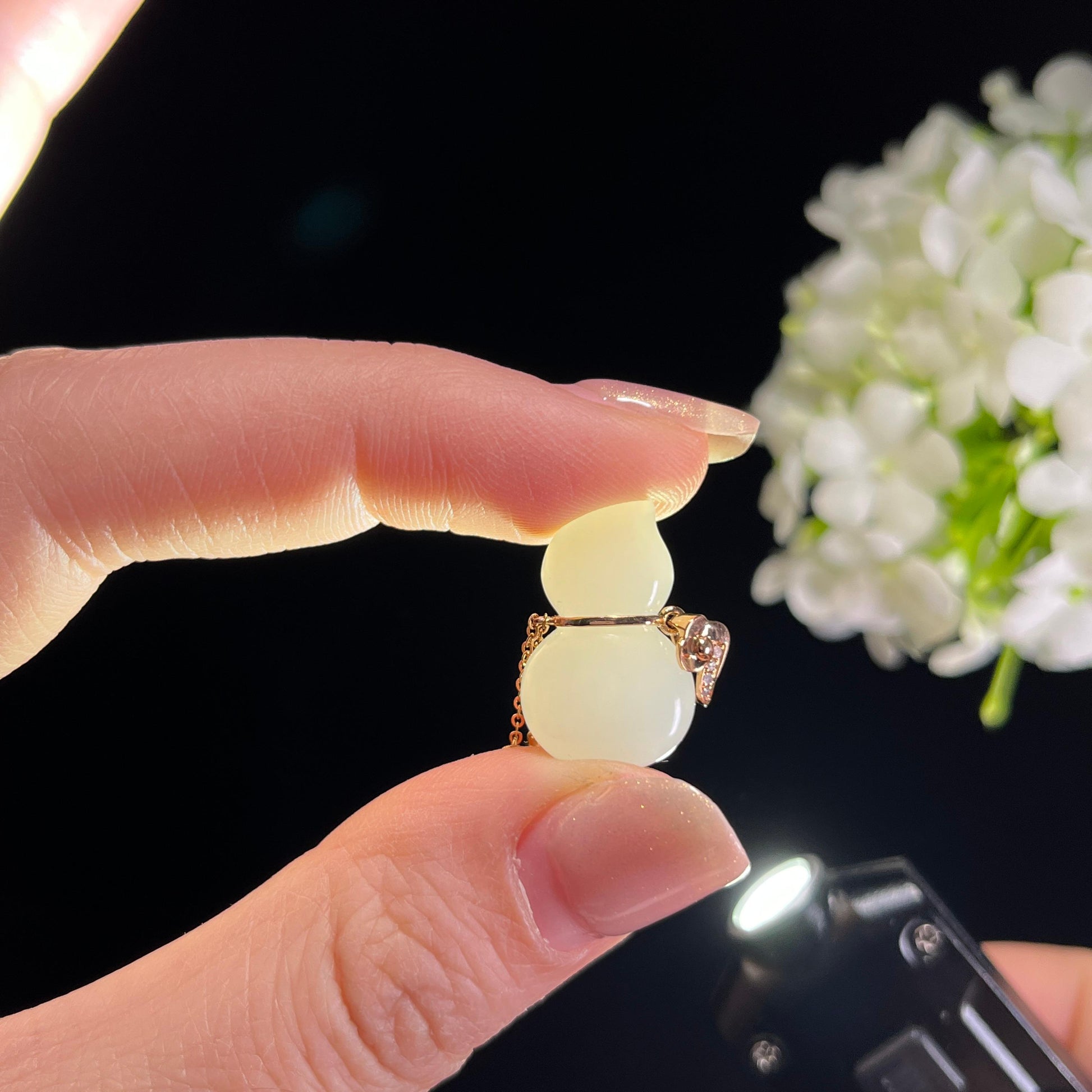 新疆天然和田玉羊脂白玉18K金镶玉葫芦挂件（yc351493）