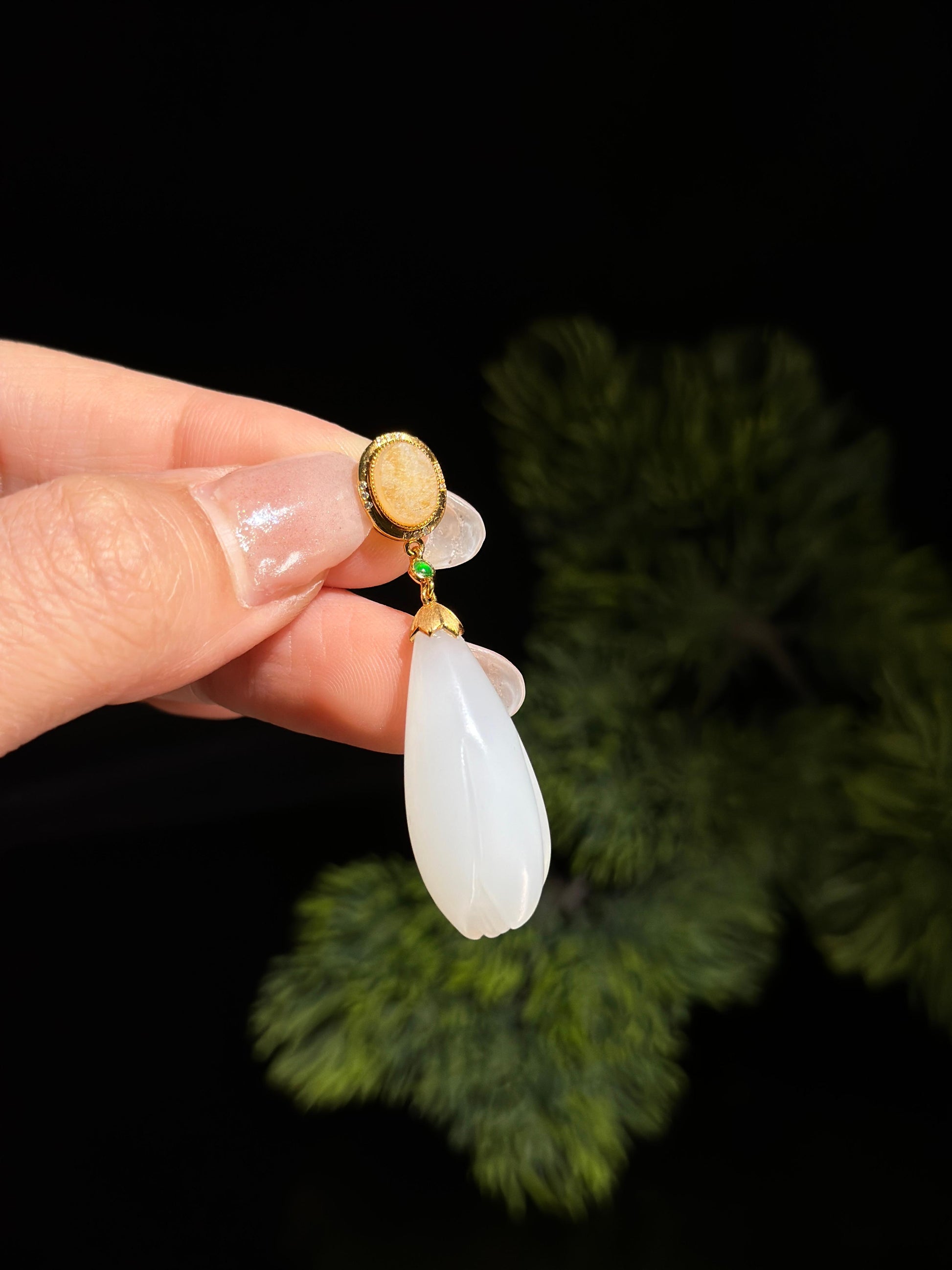 和田玉18K金镶白玉精品玉兰花吊坠（yc484752）