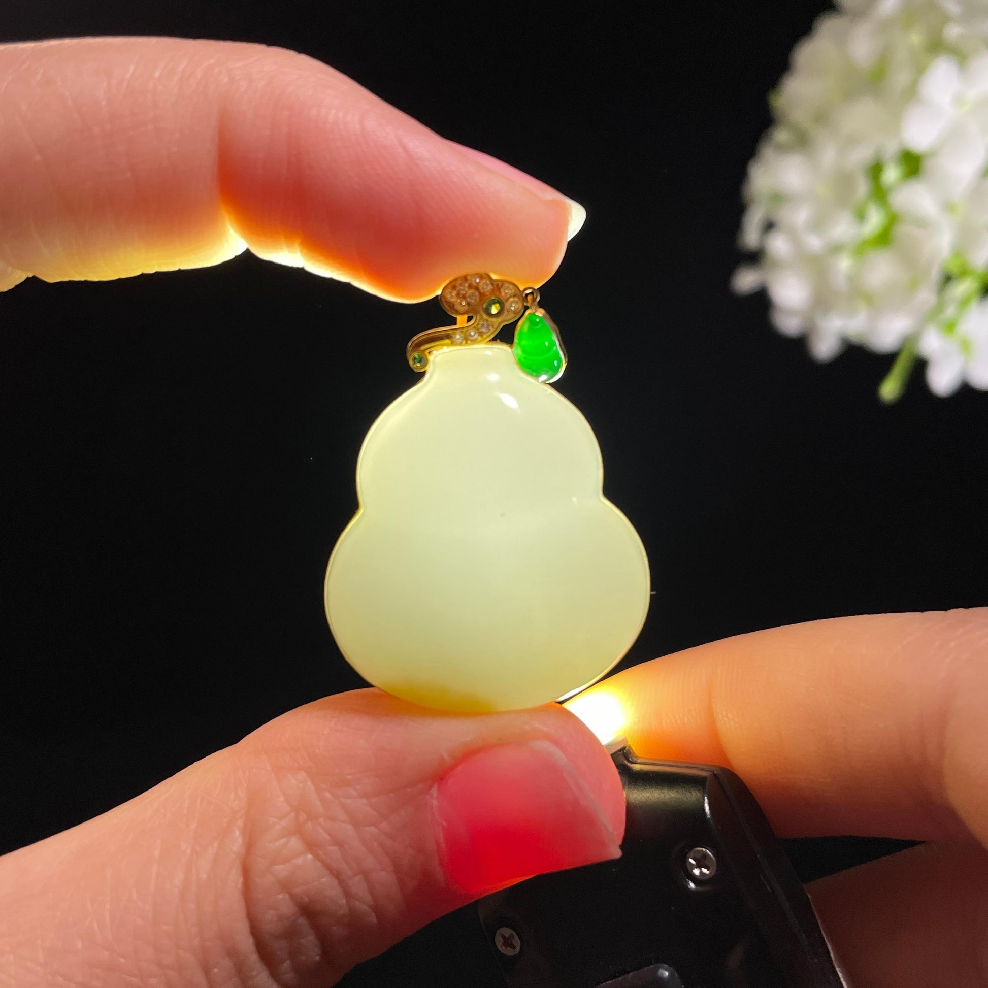 和田玉18K金镶糖白葫芦吊坠（yc428736）