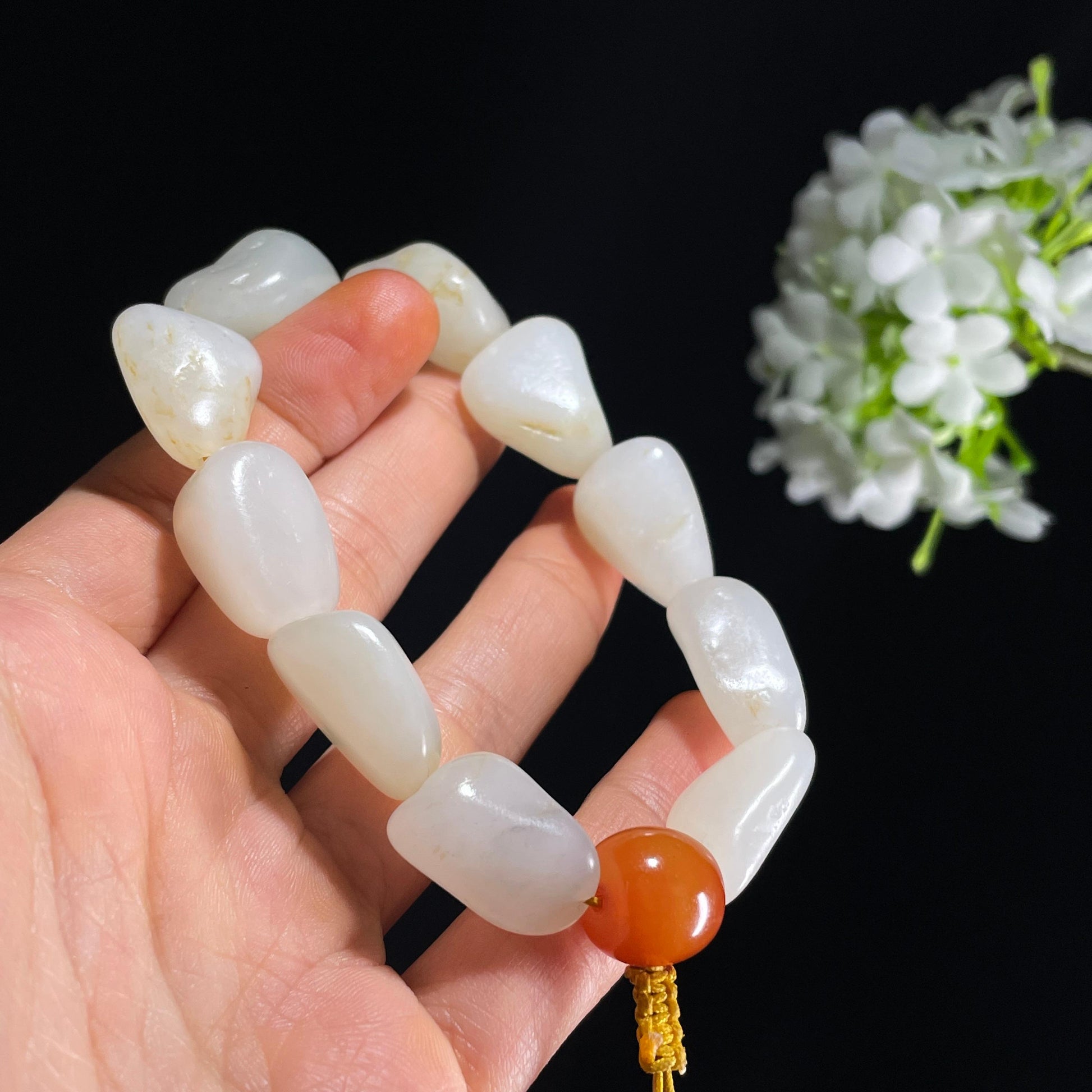 新疆天然和田玉白玉淡洒金原籽手串（yc384012）