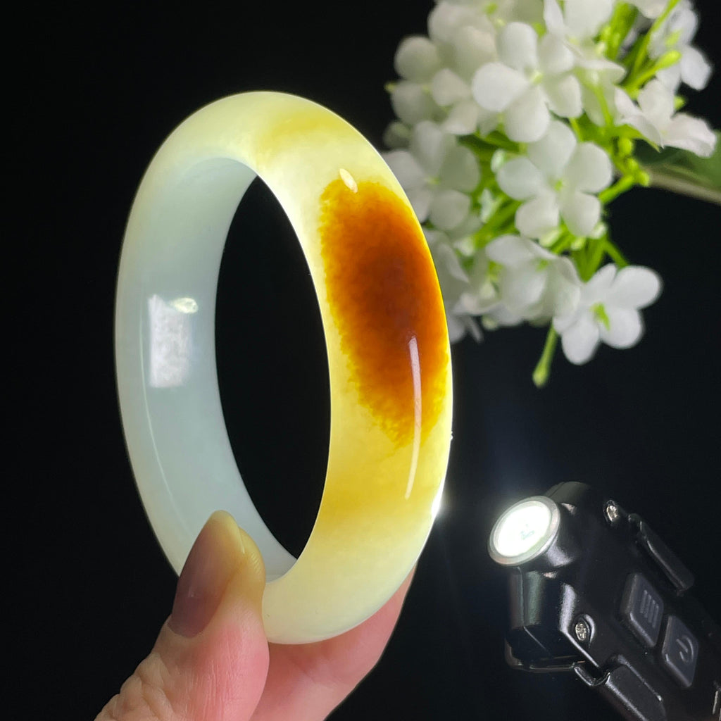 和田玉且末料“金乌衔月”糖白玉手镯（卡55）（yc315297）