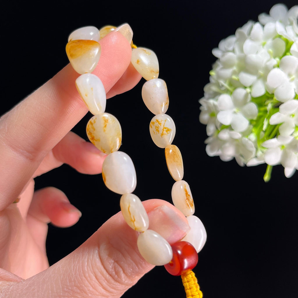 和田玉白玉洒金聚红皮籽料原籽手串（yc332538）