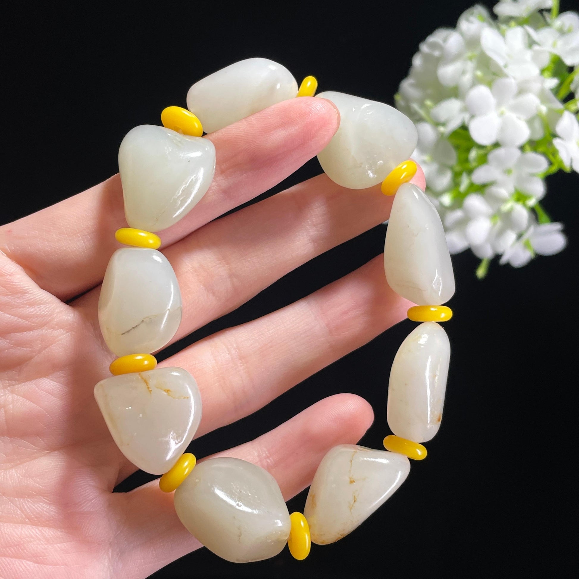 和田玉白玉青白玉洒金皮原籽手串（yc369858）