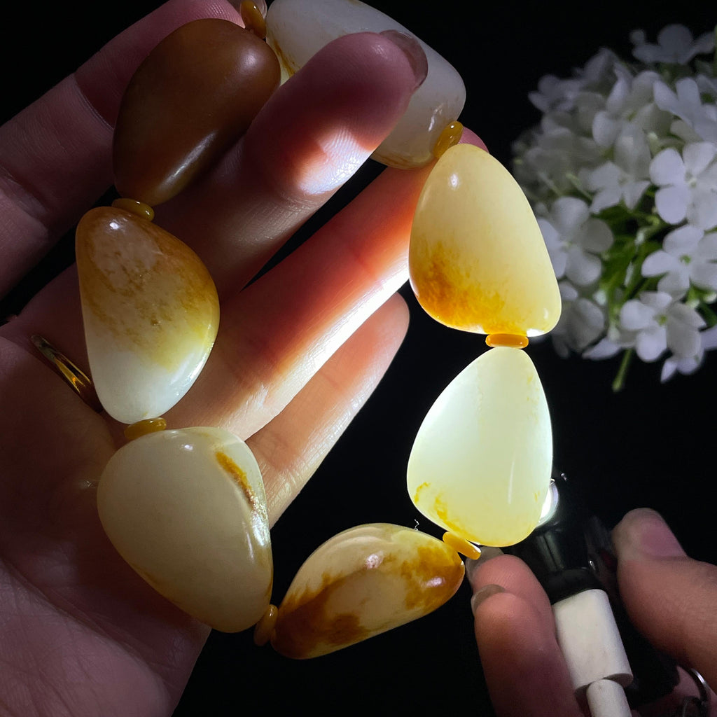 和田玉白玉“锦纹连金”黄沁洒金皮红皮原籽手串（yc362926）
