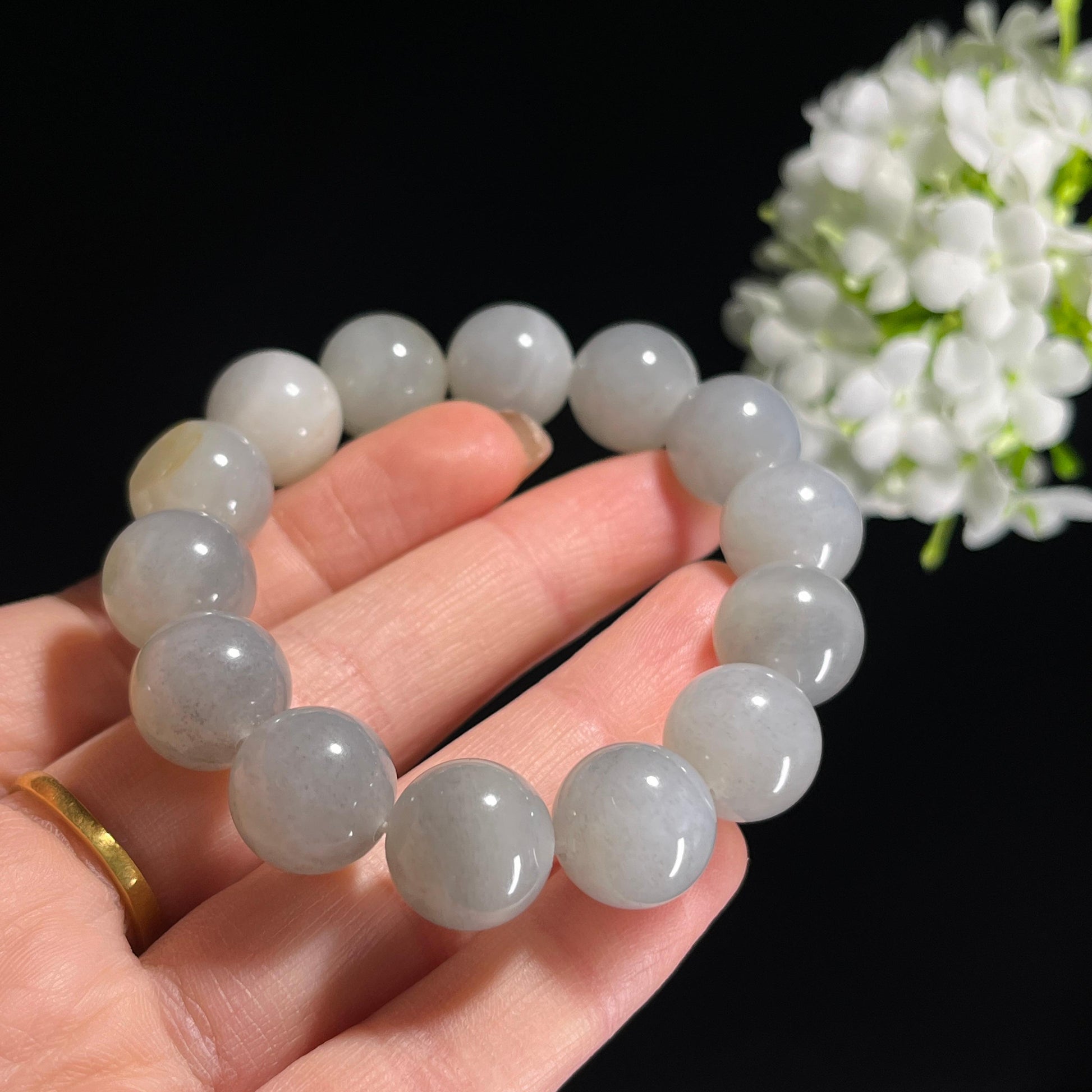 和田玉点墨青花带洒金皮籽料手串（卡14）（yc303430）