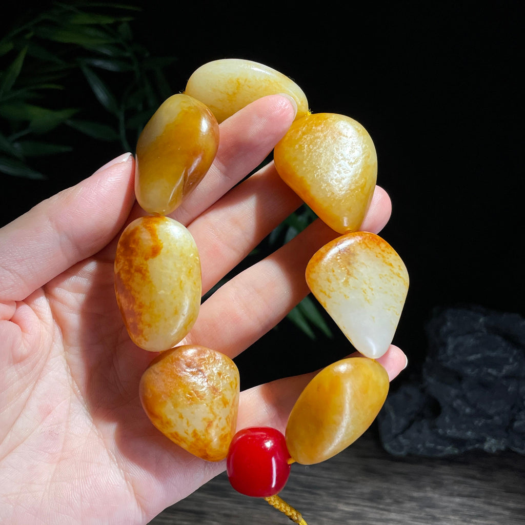 新疆和田玉珍品洒金皮红皮原籽手串（7颗）（yc723075）
