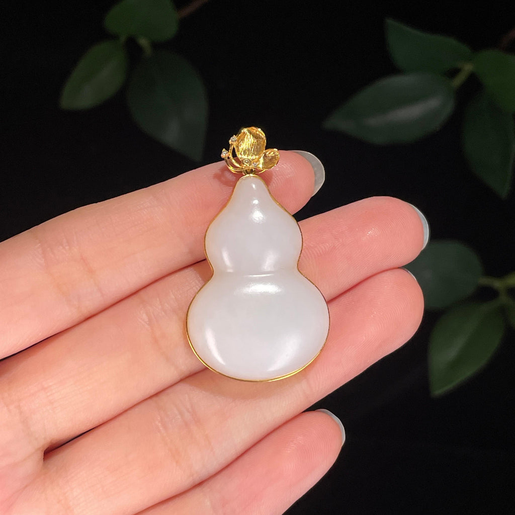 中秋特惠，18K金和田玉白玉葫芦吊坠（yc734669）