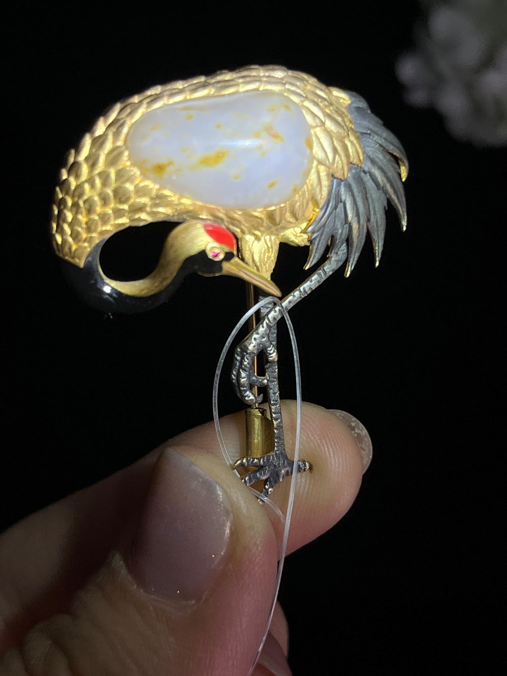 新疆天然和田玉籽料白玉18k金镶仙鹤胸针3（yc268288）