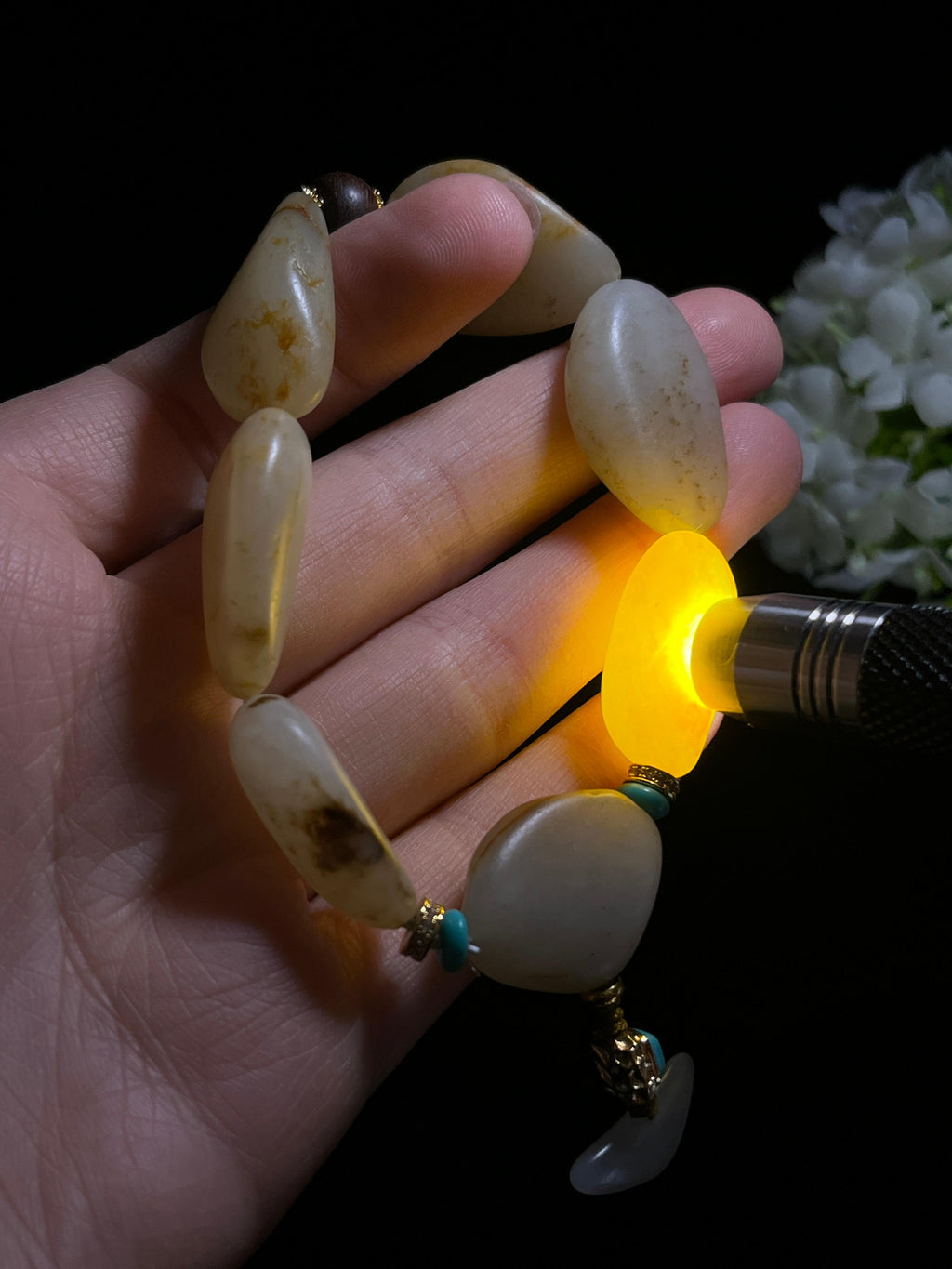 新疆天然和田玉籽料原石洒金皮手串3（yc262652）