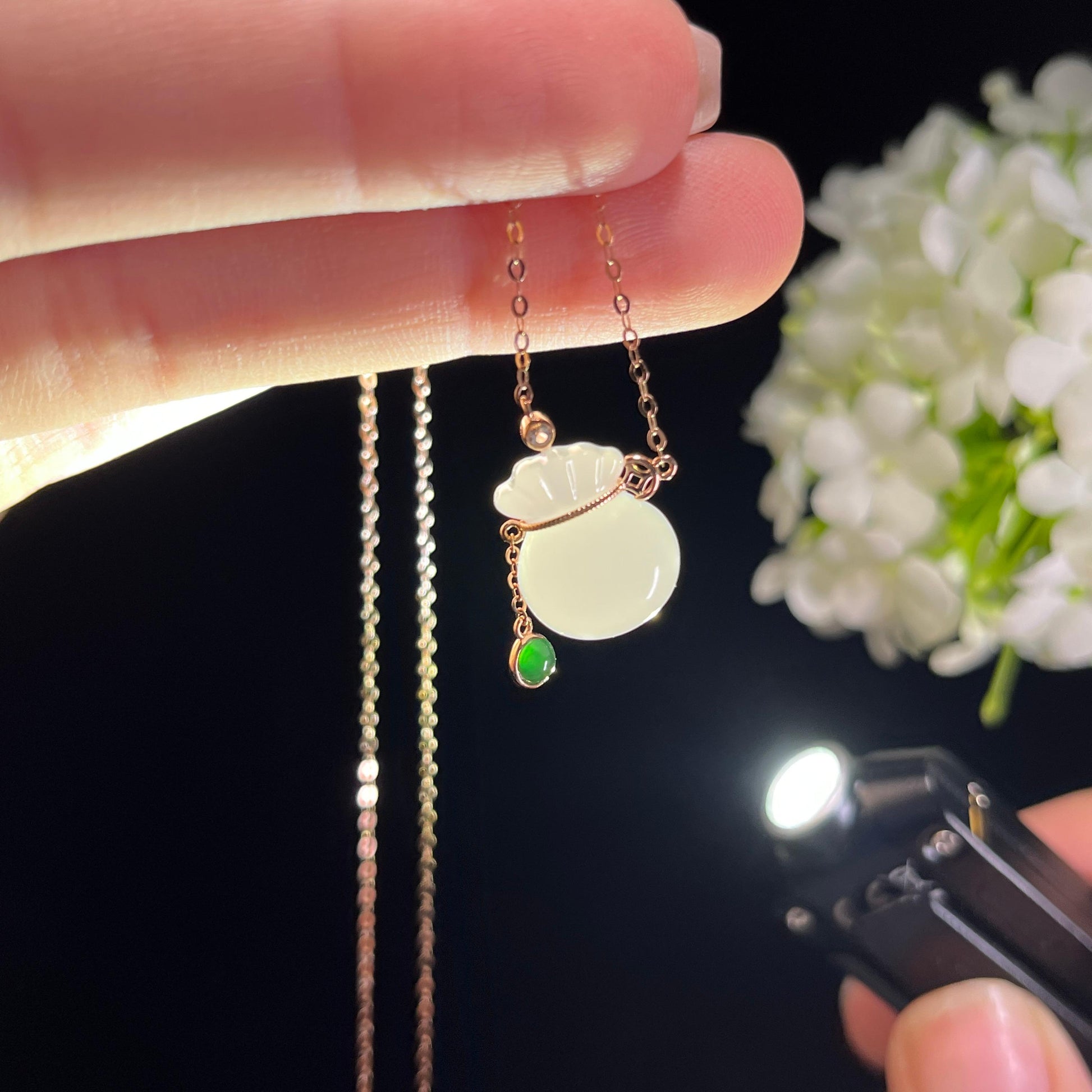 新疆天然和田玉羊脂白玉18K金镶玉福袋（yc351498）