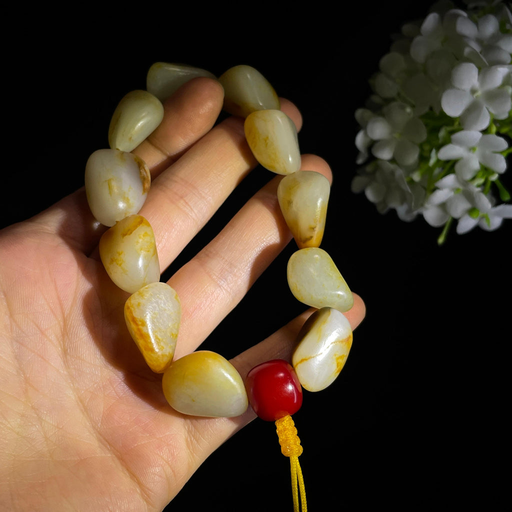 和田玉白玉洒金皮红皮原籽手串（yc356634）