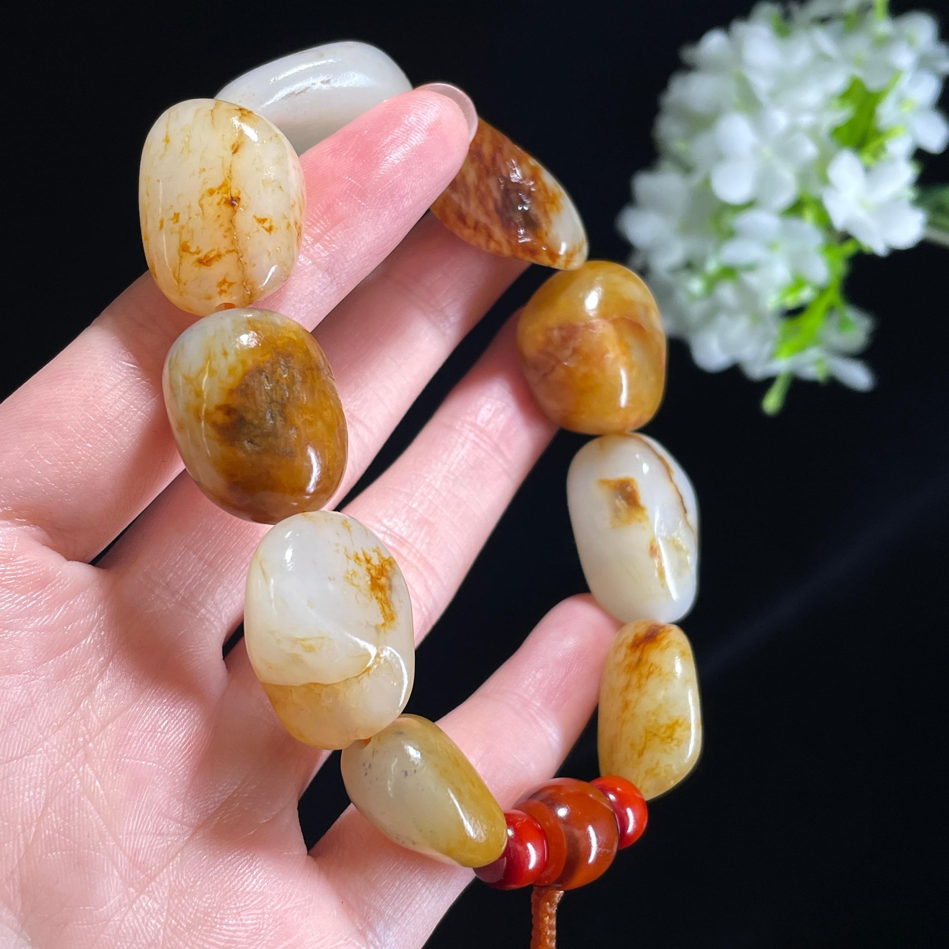 新疆天然和田玉白玉洒金皮红皮原籽手串（yc368769）