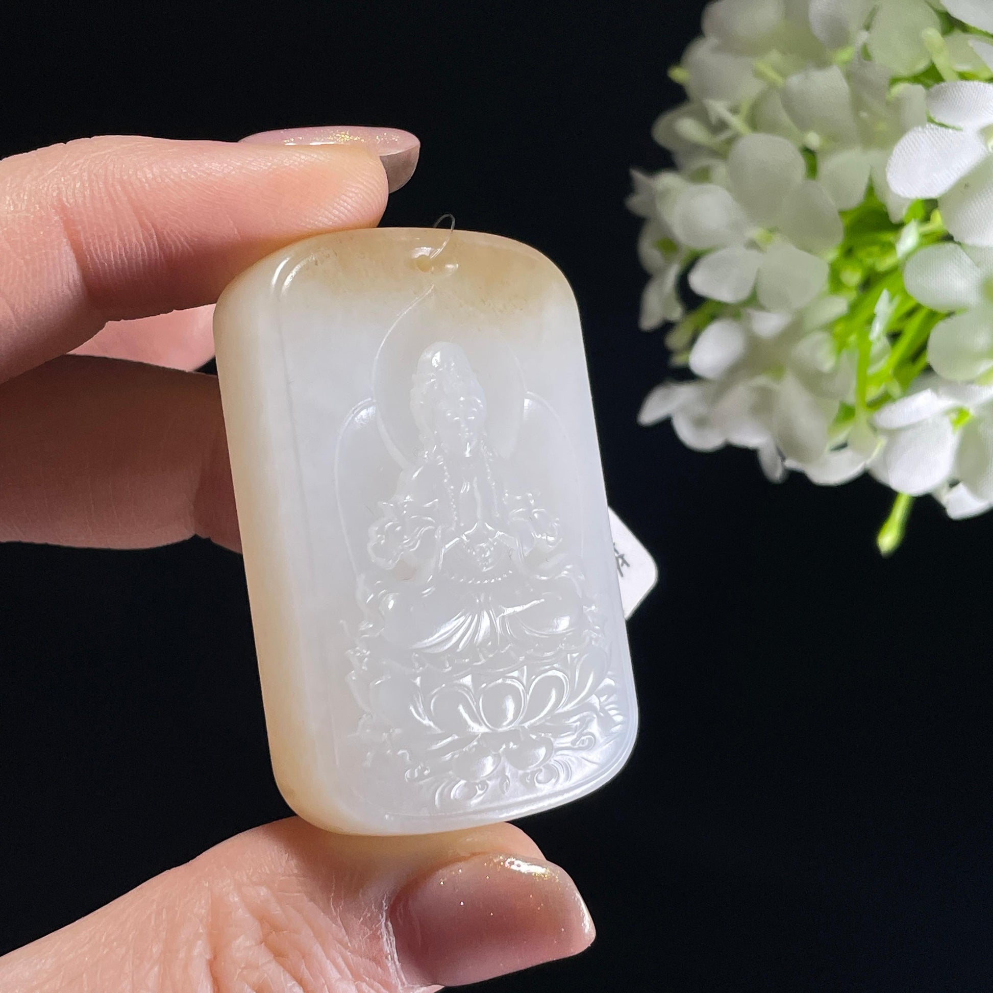 和田玉糖白玉“莲台观心”观音雕刻挂件（yc342020）