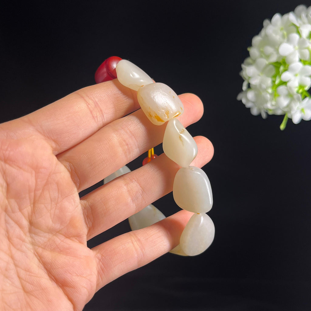 和田玉白玉洒金皮“金星落掌”籽料原籽手串（yc320557）