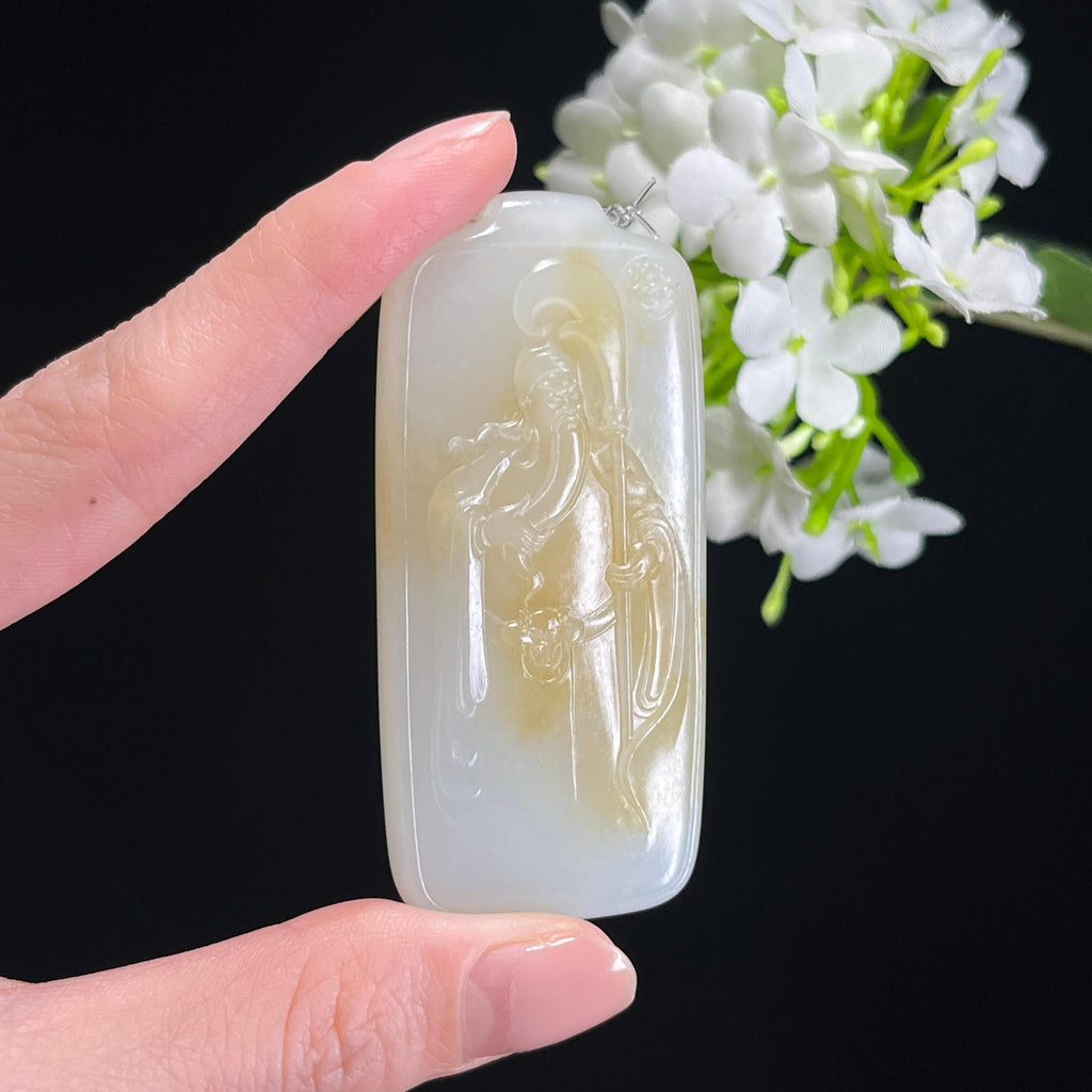 和田玉且末糖白玉“单刀赴会”关公雕刻挂件（yc304854）