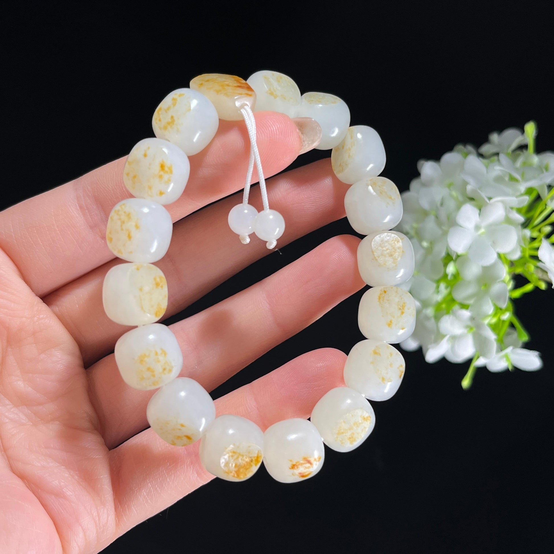 新疆天然和田玉白玉洒金洒红皮籽料老型珠手串（16颗）（yc396617）