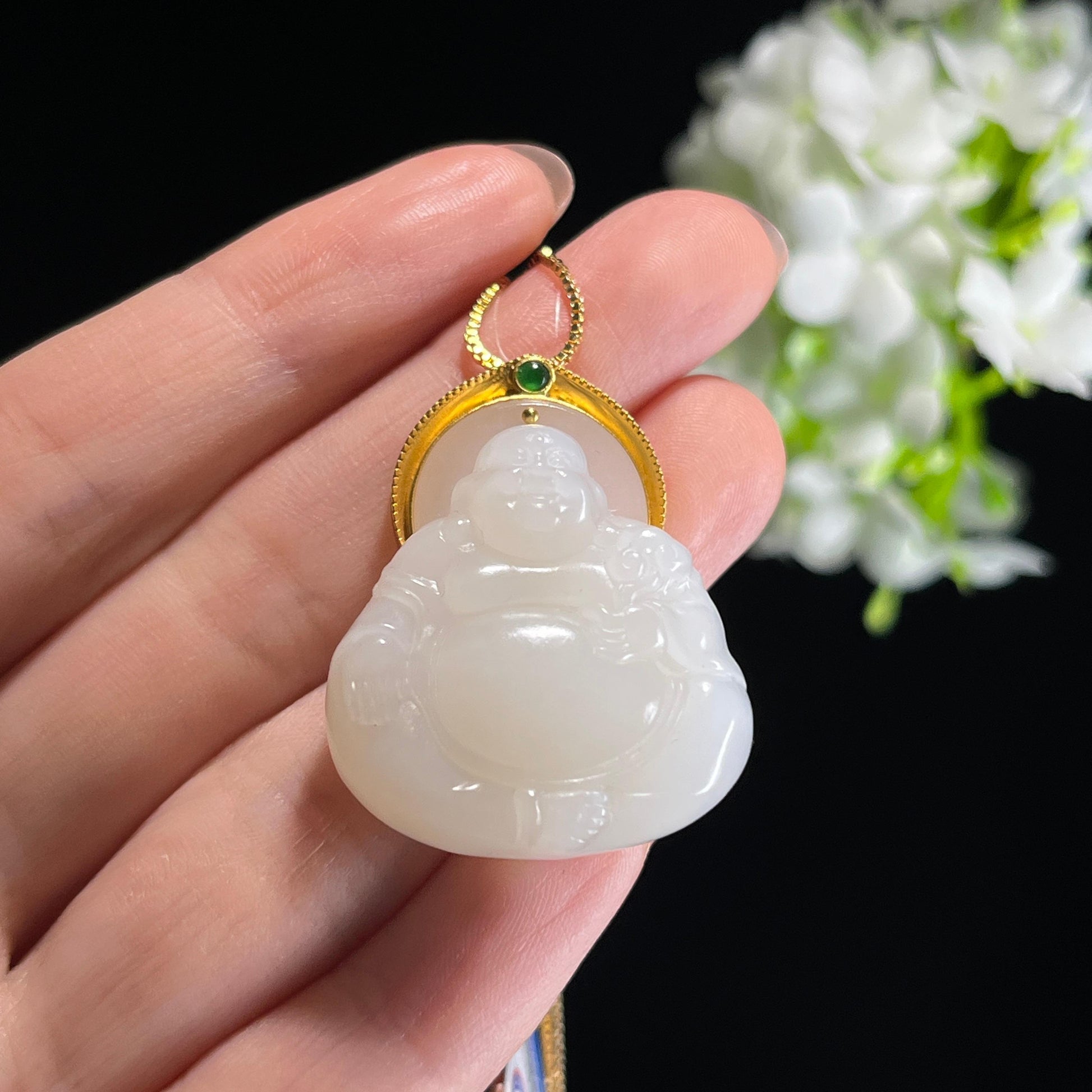 新疆天然和田玉羊脂白玉18K金镶玉弥勒佛挂件（yc349610）