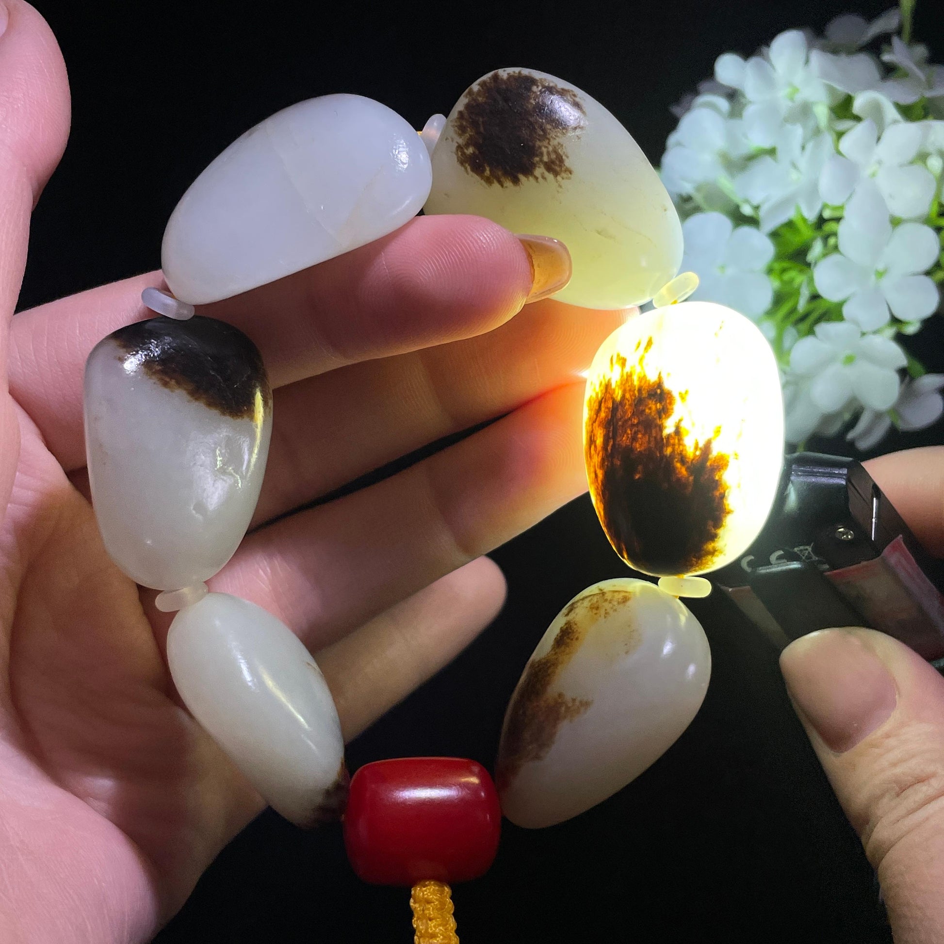 和田玉白玉聚黑皮原籽手串（yc381842）