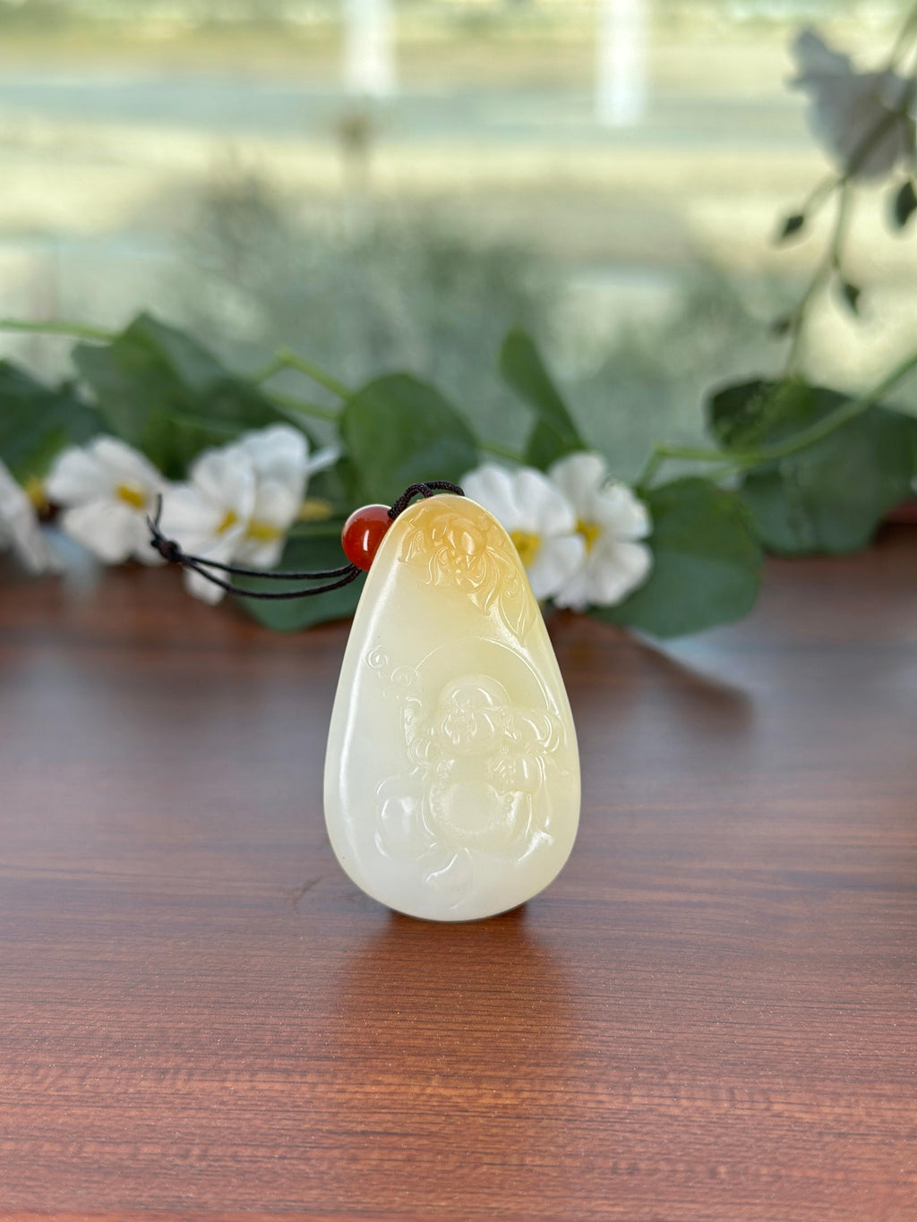 和田玉福运连连糖白弥勒佛挂件（yc703654）