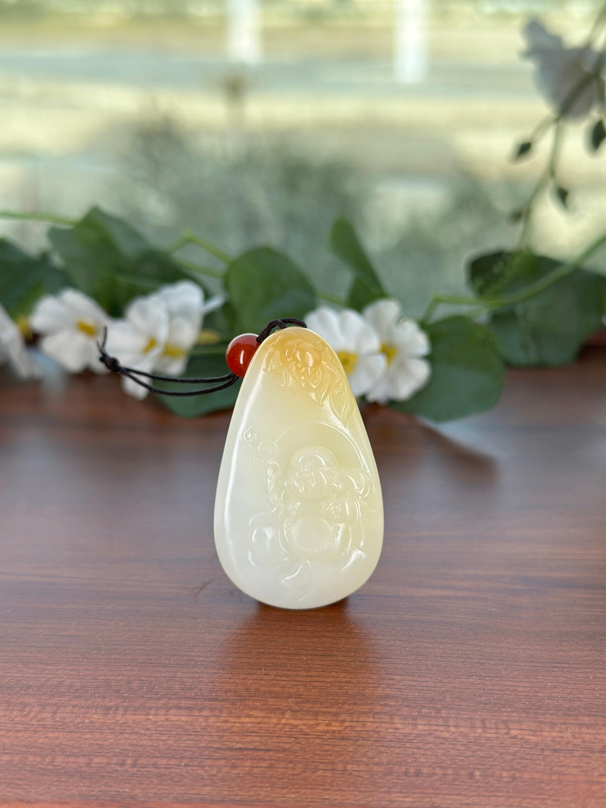 和田玉福运连连糖白弥勒佛挂件（yc703654）