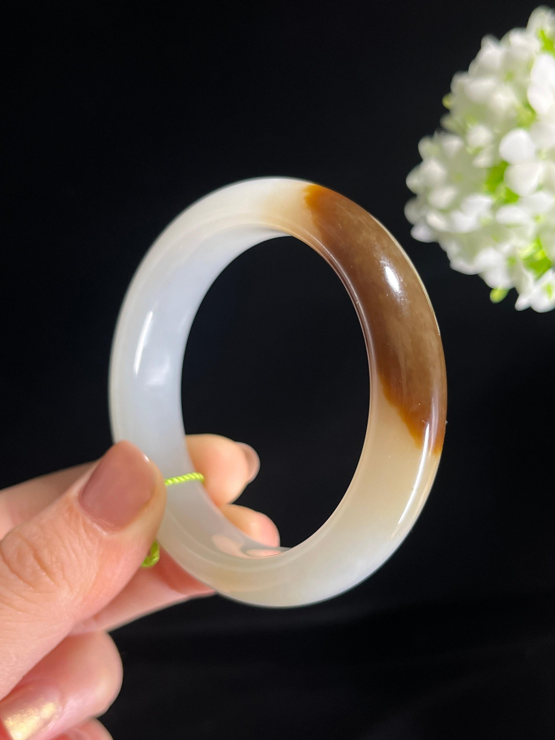 新疆天然和田玉“秋云染玉”且末糖白手镯（卡55）（yc278470）